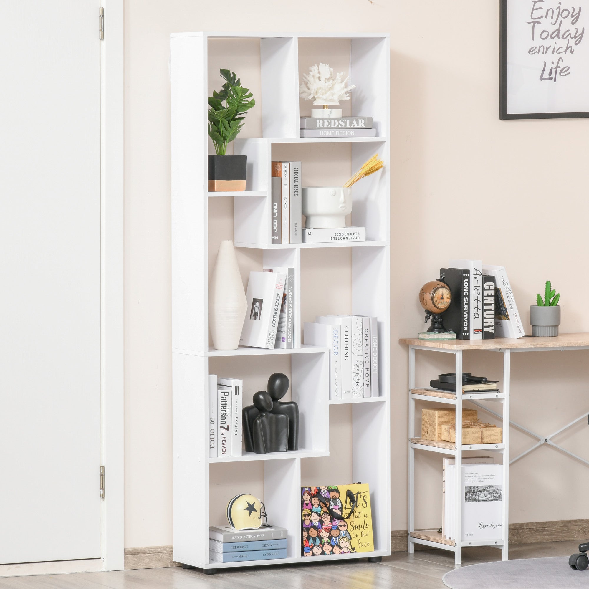Homond bookcase Modern Design Shelf with 8 Slacel Wooden Wooden Shelves, Home Furniture and Office, 70x24x178cm White - Borgè