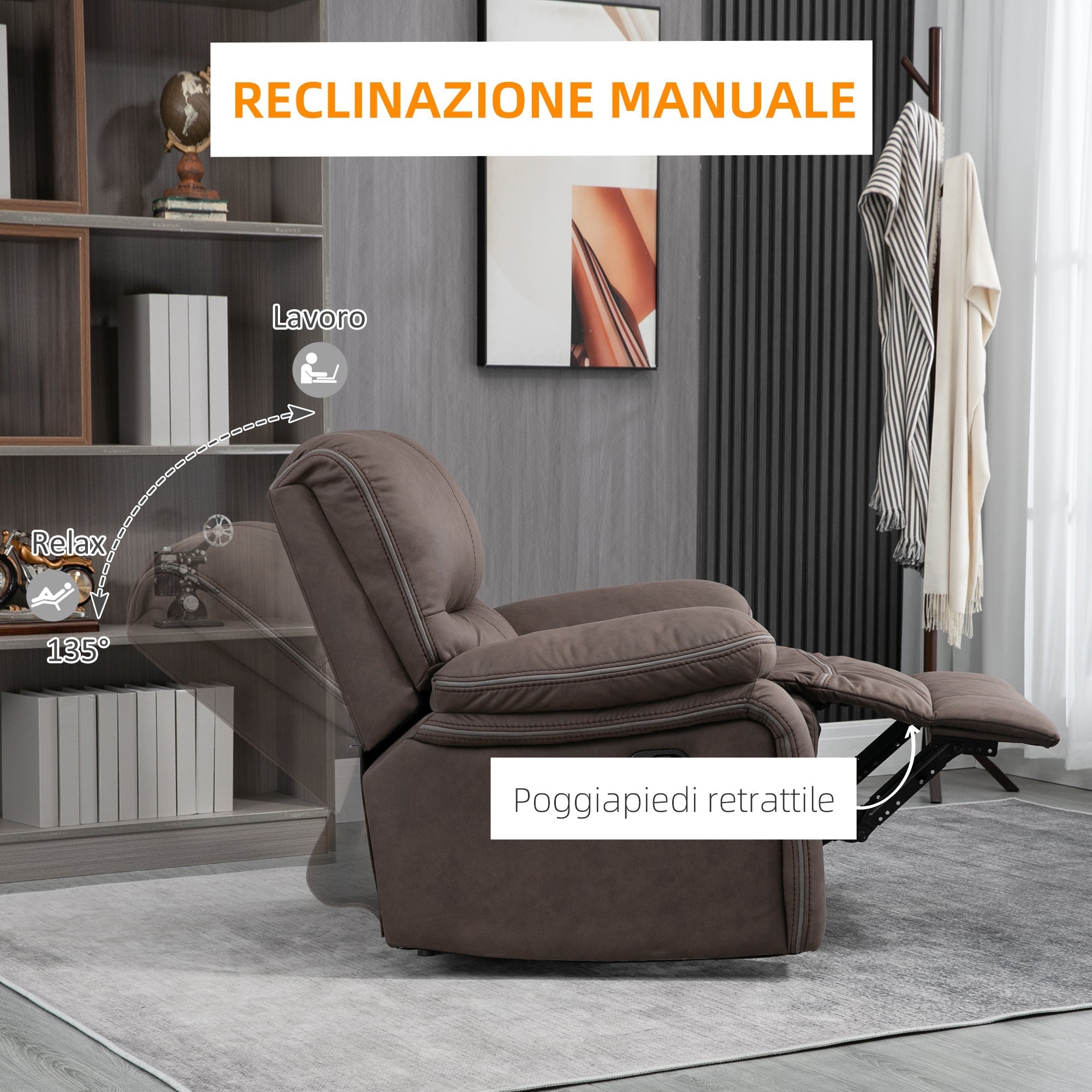 Relax armchair with manual reclination and footrests, 97x99x96cm, brown - Borgè