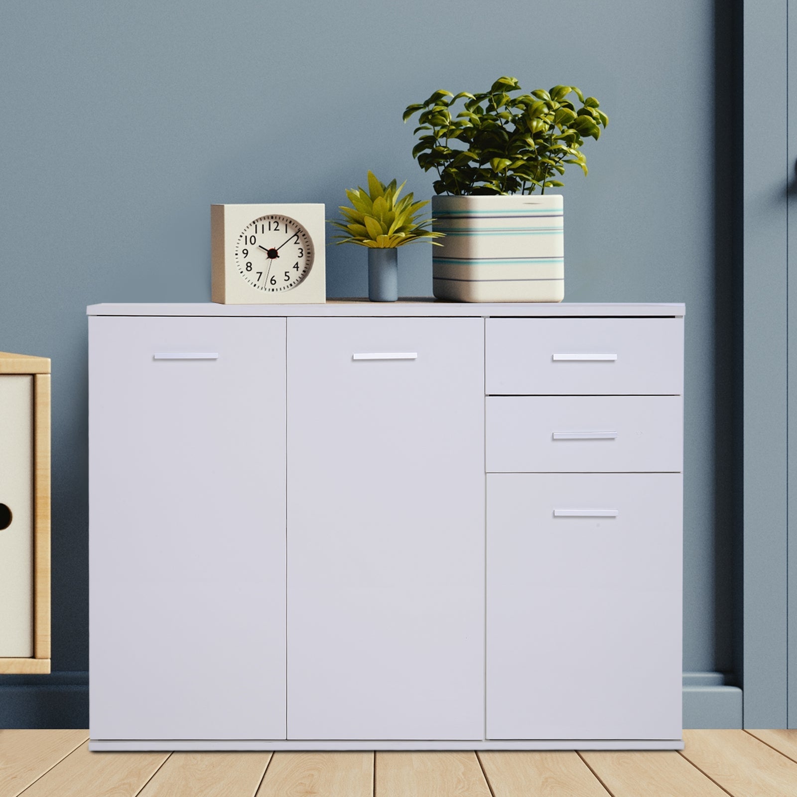 cabinet with 3 doors and 2 trooped wooden drawers, white, 106x35x76cm - Borgè
