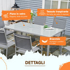 Garden Set with Tempered Glass Table and 6 Chairs with Mesh Fabric, Grey - Borge' Group Limited