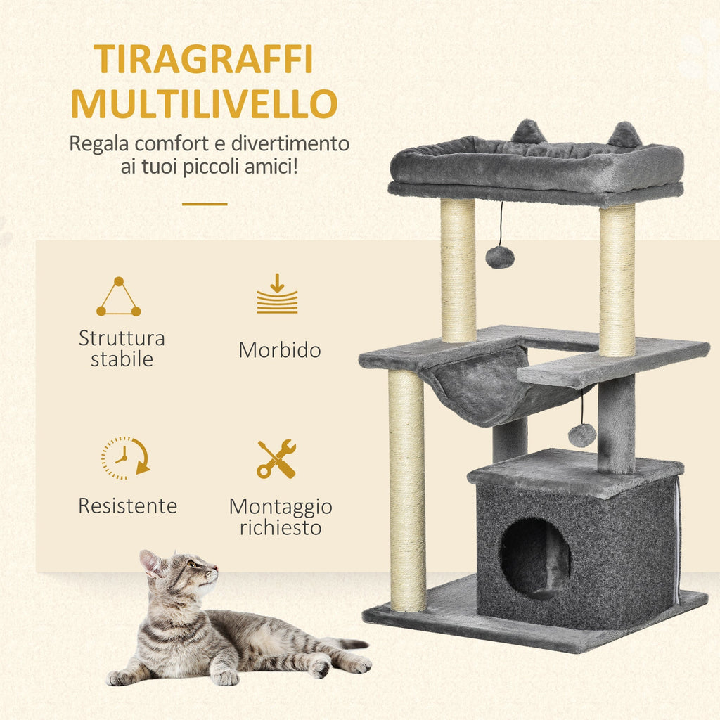 Cat Tree for cats with Scratch Pole and Hammock height 100cm - Grey - Borge' Group Limited