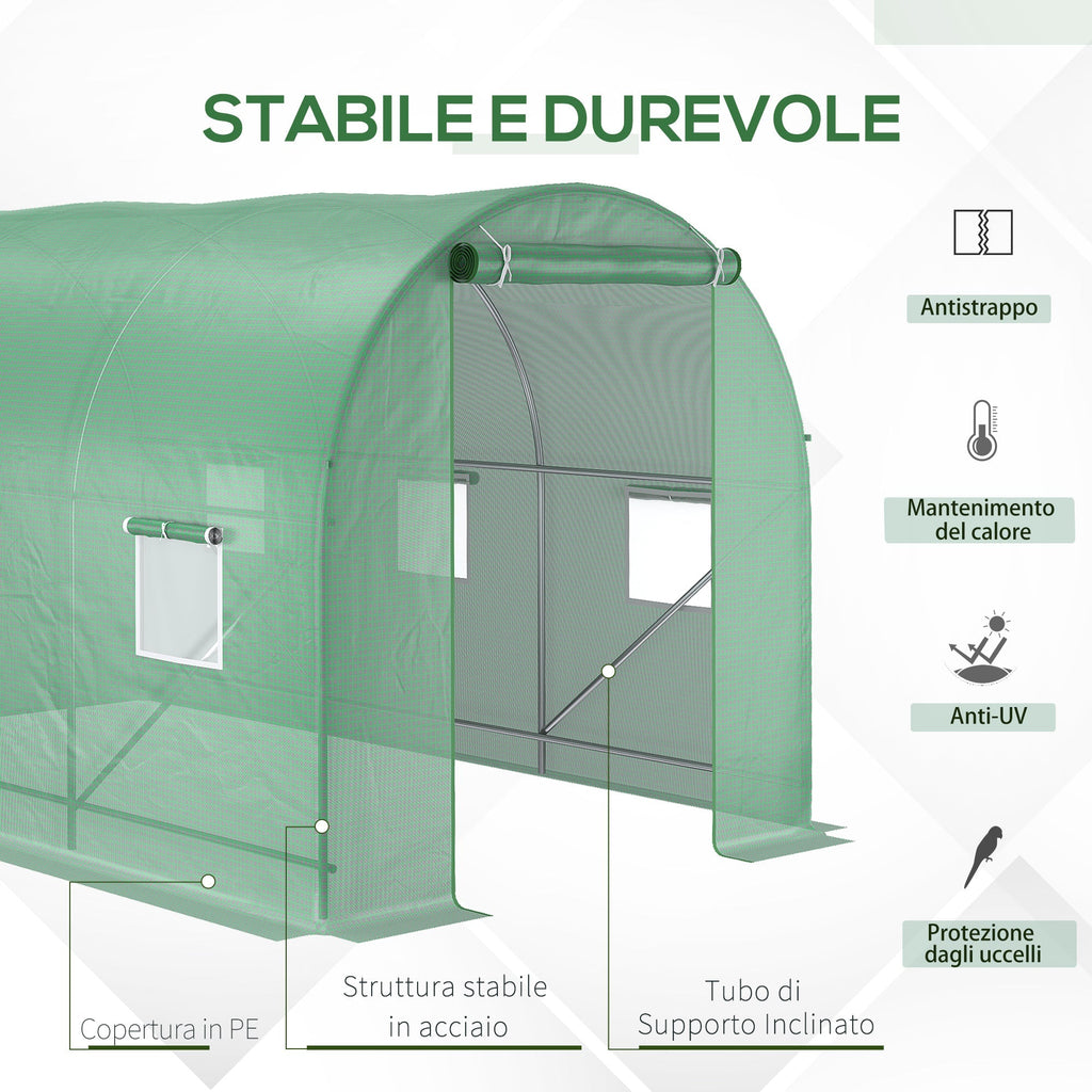 3.5x2x2m PE and Metal Tunnel Greenhouse for Vegetable Garden with 6 Windows and Roller Door, Green - Borge' Group Limited