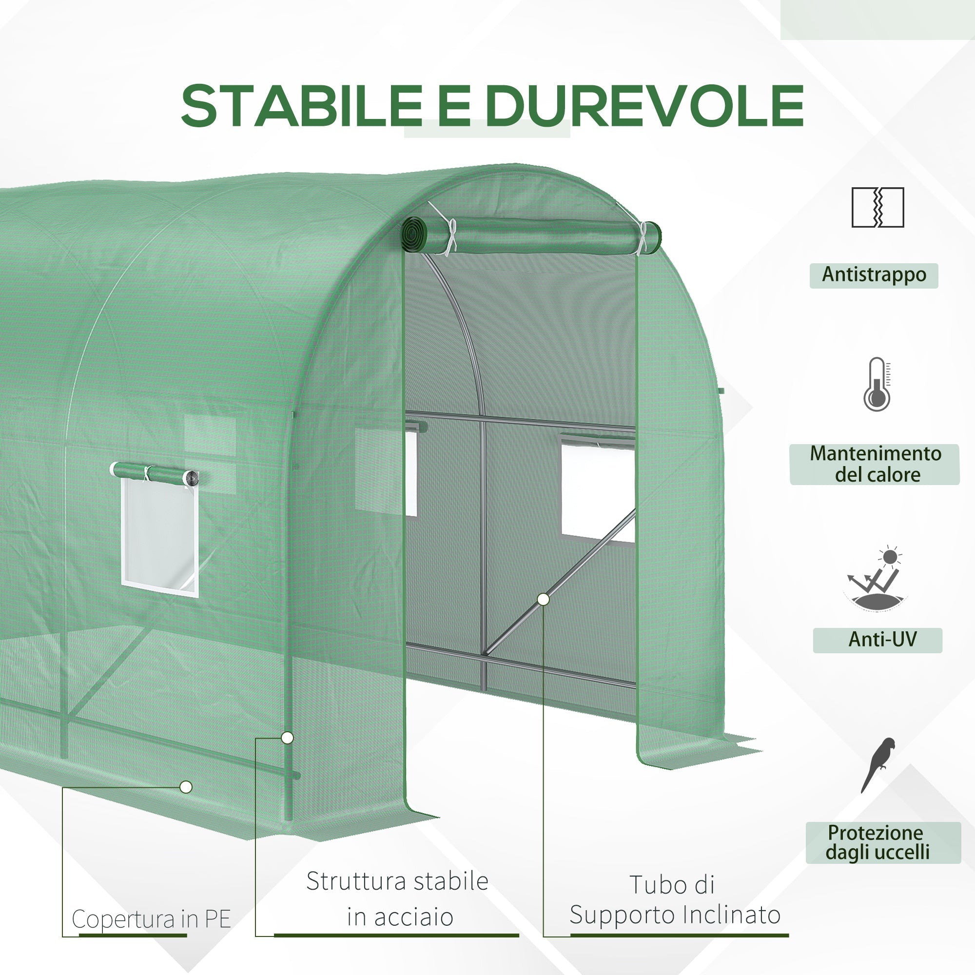 3.5x2x2m PE and Metal Tunnel Greenhouse for Vegetable Garden with 6 Windows and Roller Door, Green - Borge' Group Limited