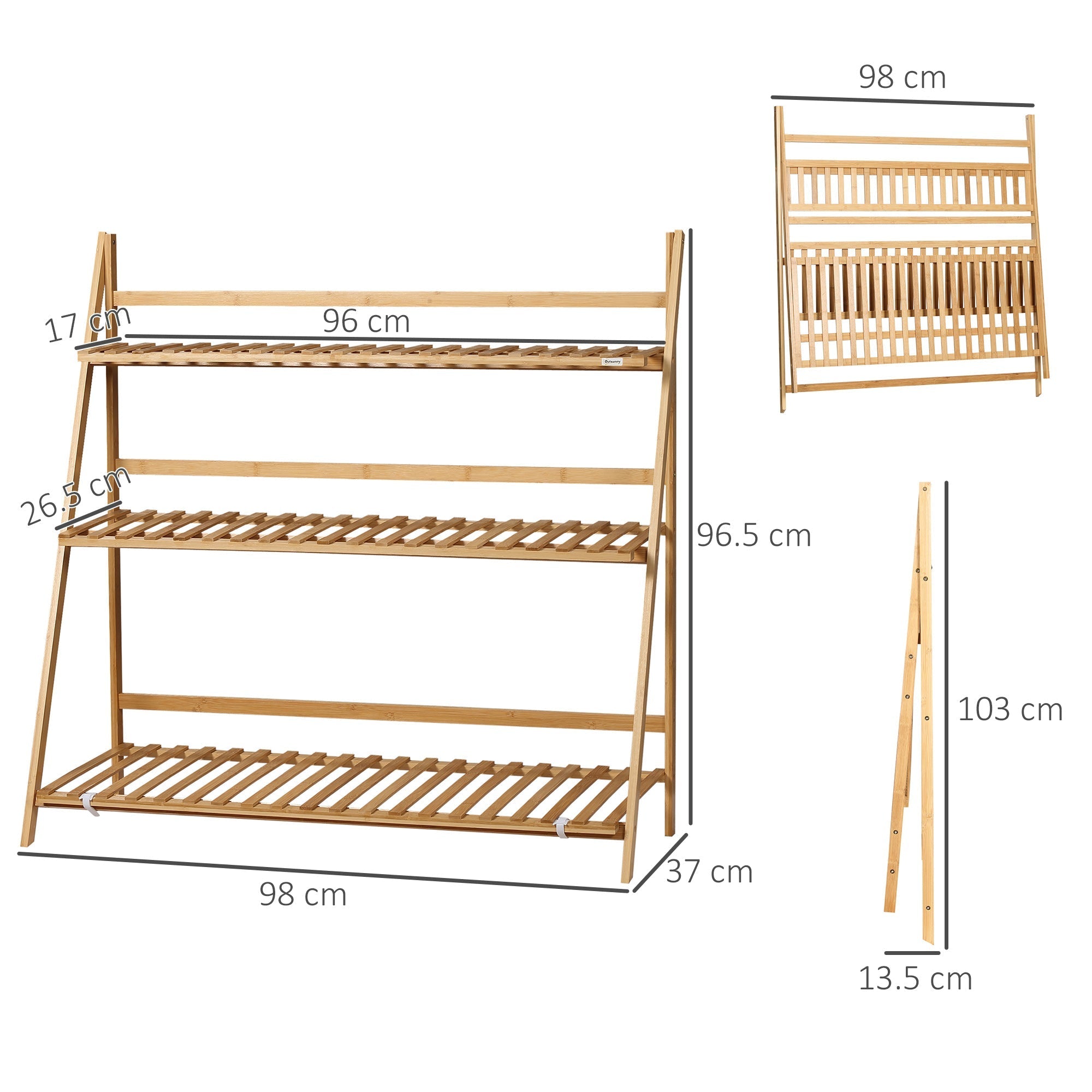 3 Tier Bamboo Outdoor Planter with Raised and Folding Design, 98x37x96.5 cm, Wood Color - Borge' Group Limited