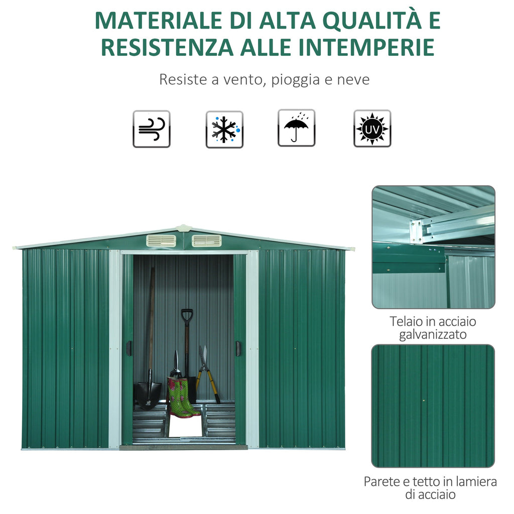 Steel Sheet Garden Tool Shed, Steel Garden Shed with Structure Base and Sliding Doors, 258x206x178cm, Green - Borge' Group Limited