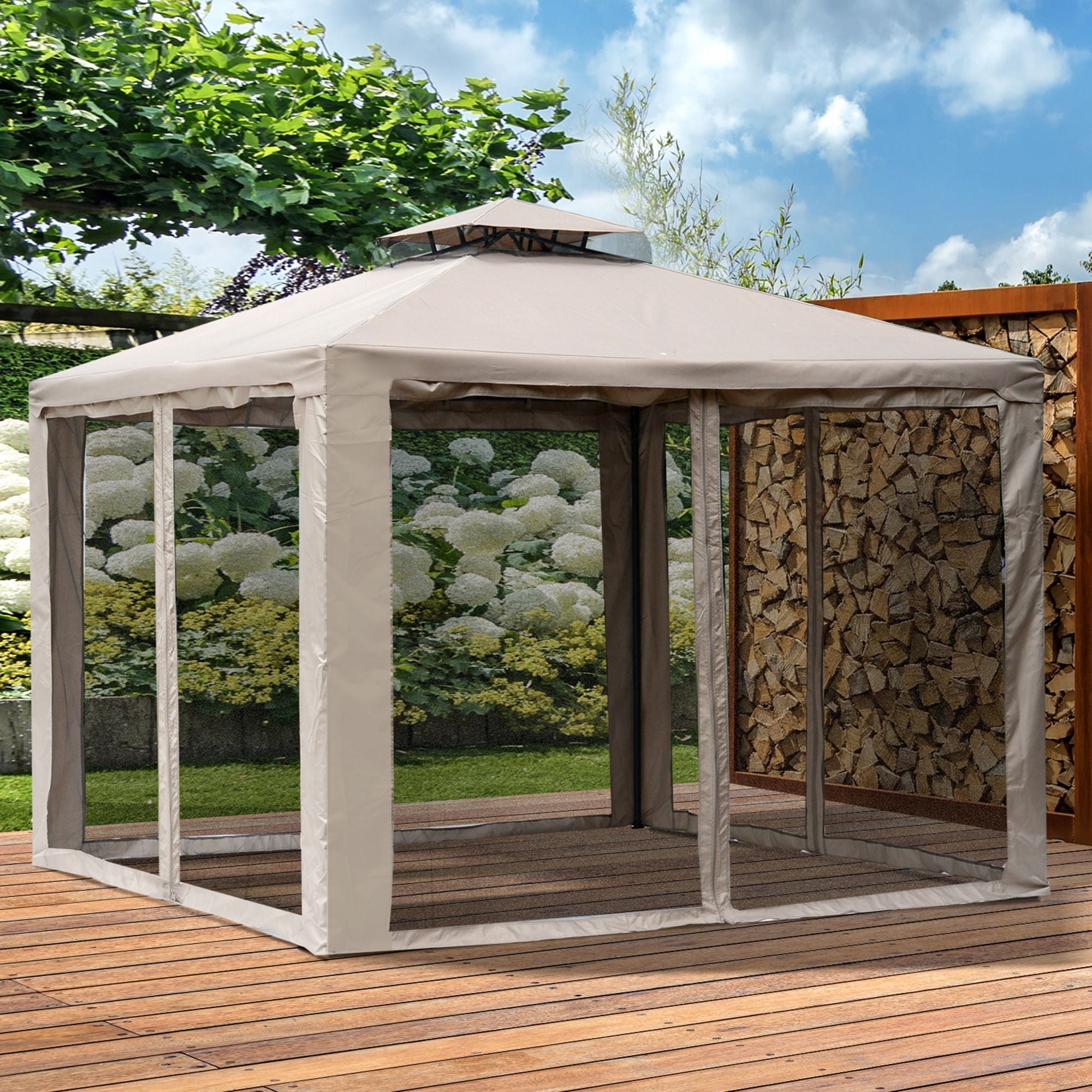 3x3m Garden Gazebo with Mosquito Net, Metal Frame and Polyester Cover, Taupe - Borge' Group Limited