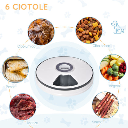 PAWHUT Automatic distributor food dogs and cats, 6 bowls bowls with timer and led displays battery, food dispenser for small animals with music - Borgè