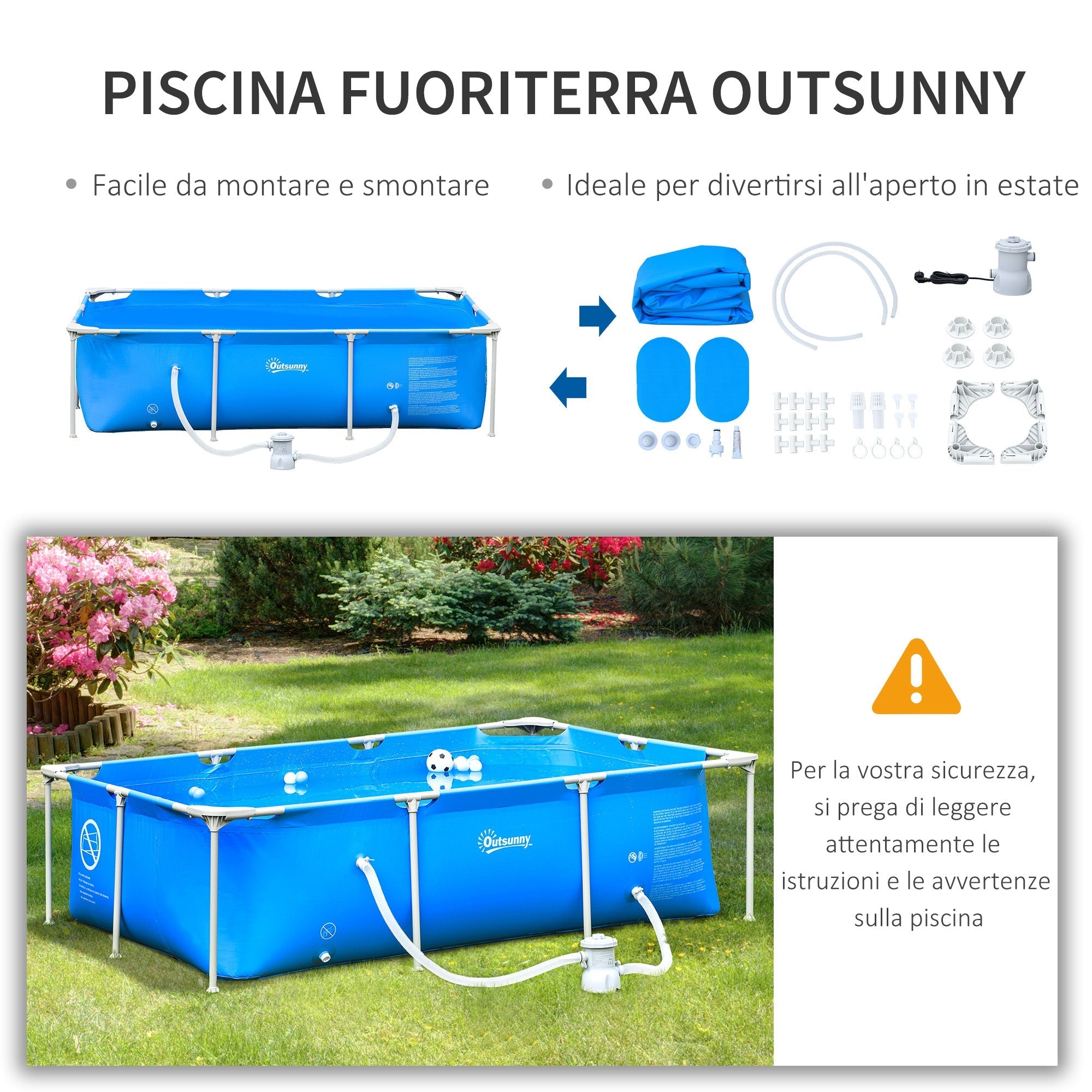 Freestanding Outdoor Pool, Rectangular Above Ground Pool with Filter and Valve in Steel and PVC, Blue, 252x152x65cm - Borge' Group Limited