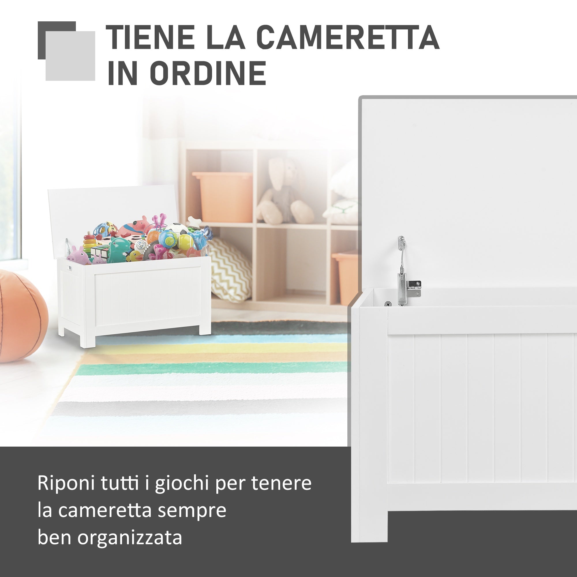 Bench Multipurpose Wooden Wooden Container MDF Opening with Safety Block, 81x40x46cm, White - Borgè