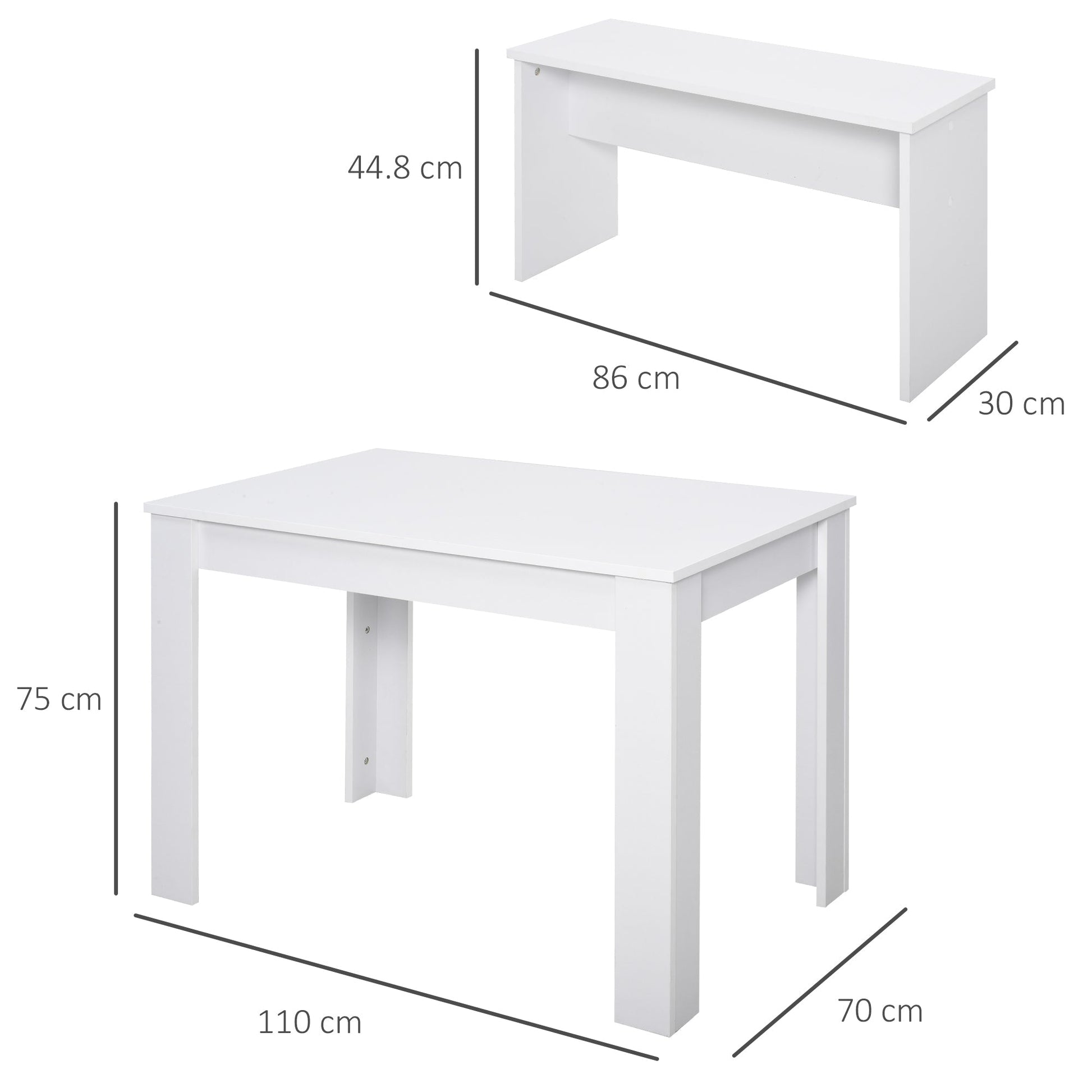 Set dining table with 2 benches in modern white style 110 x 70 x 75cm - Borgè