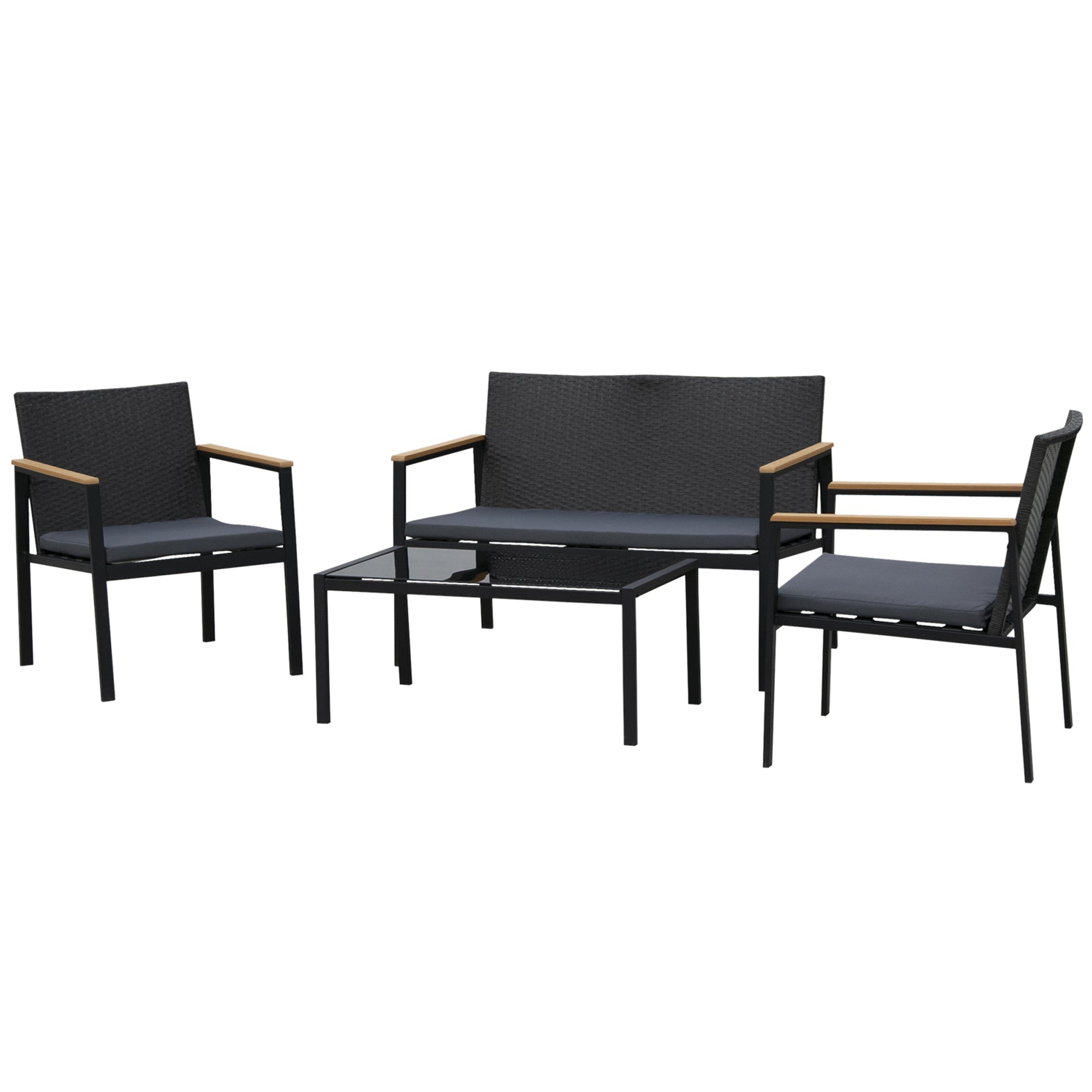 4-Piece Outdoor Lounge Set with 2 Chairs, Sofa and Coffee Table, Garden Furniture in Rattan and Black Steel - Borge' Group Limited