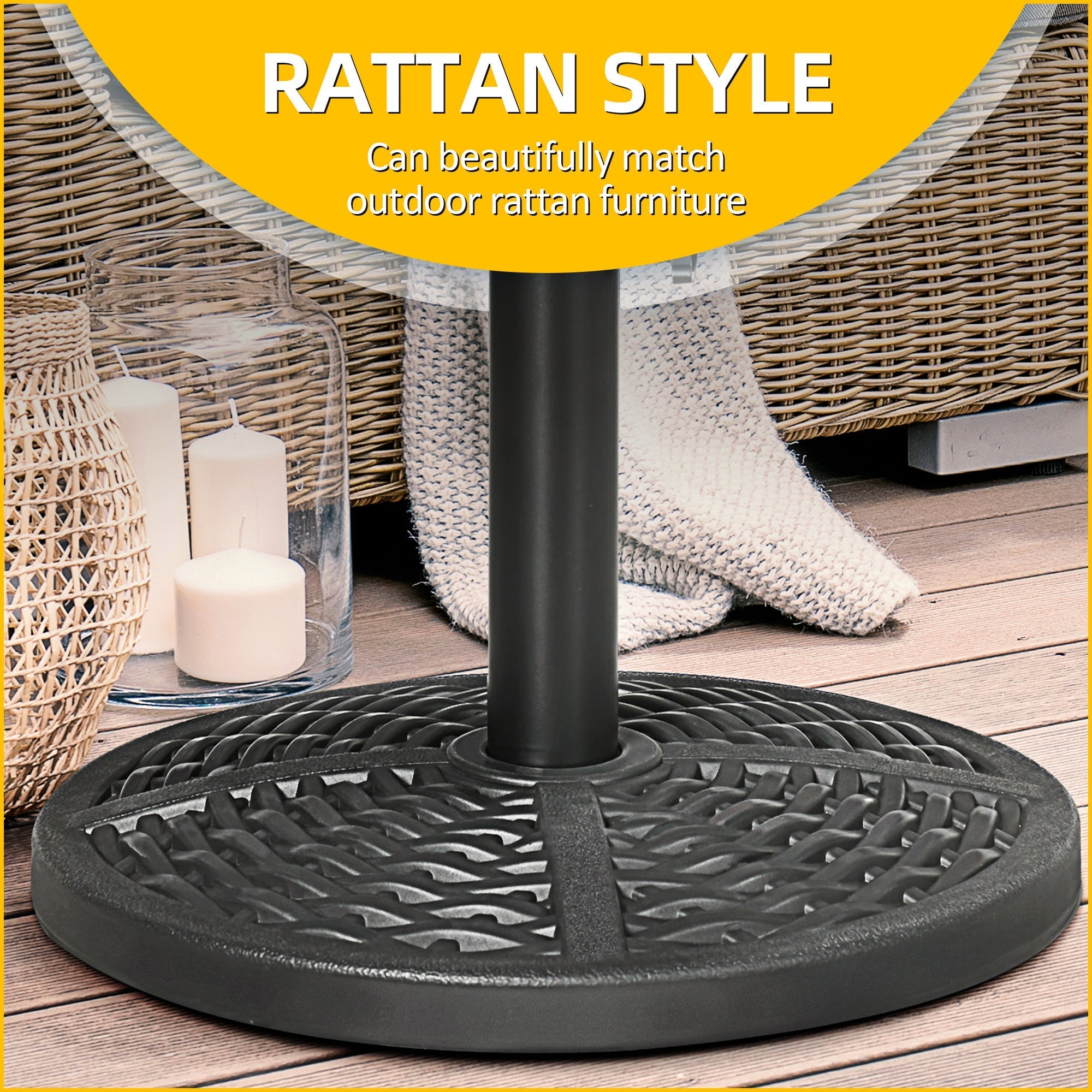 Round Garden Umbrella Base Rattan Effect Ø45cm Weight 9.5kg, Black - Borge' Group Limited
