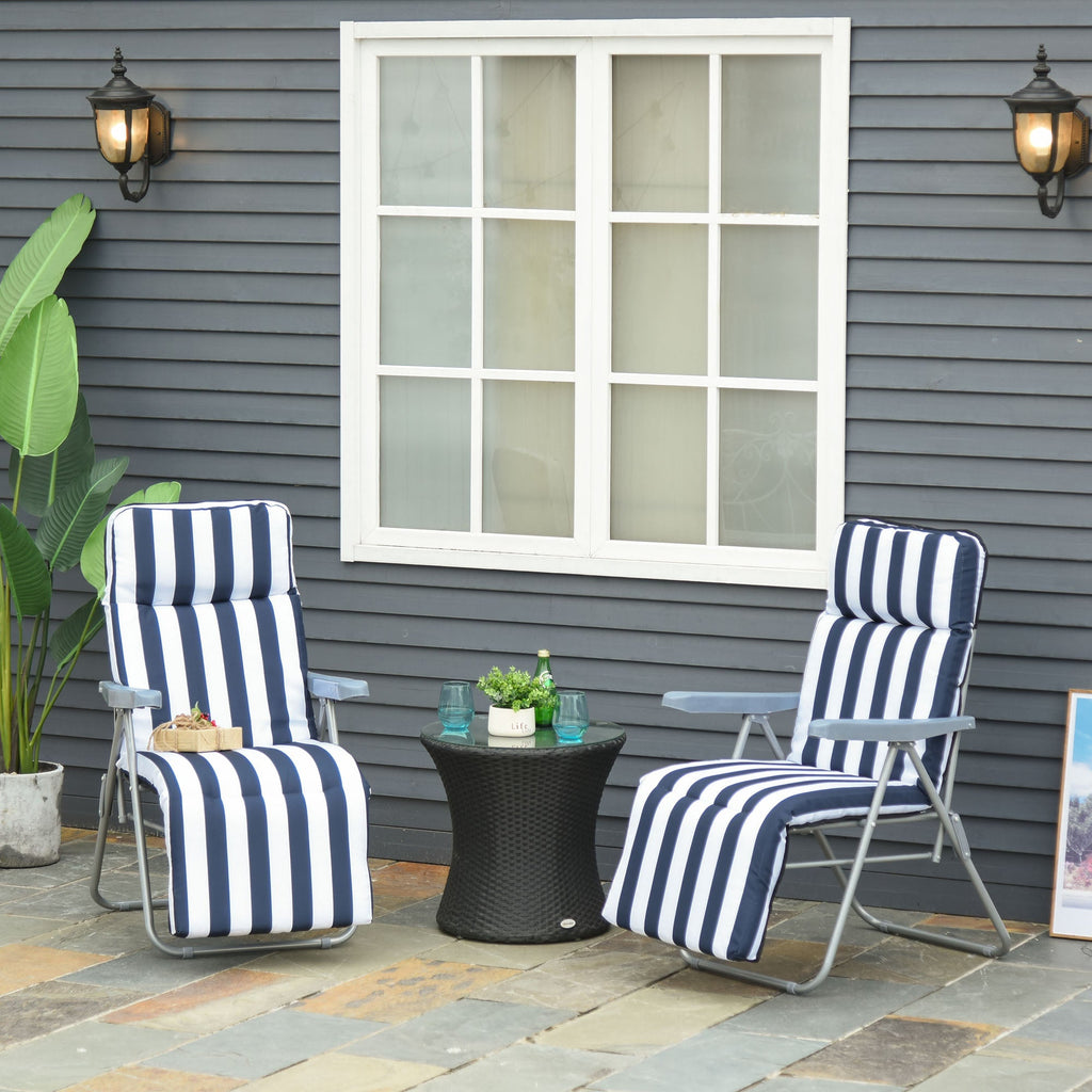 2-Piece Folding and Reclining Outdoor Lounge Chair, Sun Lounger with Padded Cushion, Blue and White - Borge' Group Limited