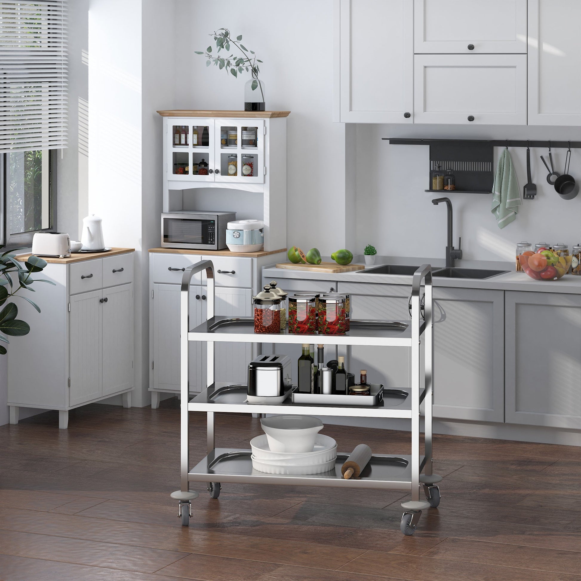 Homcom Kitchen Trolley 3 Open shelves 4 Omnidirectional wheels with 2 brakes anti-collision pads in stainless steel 430 silver 85x45x90cm - Borgè