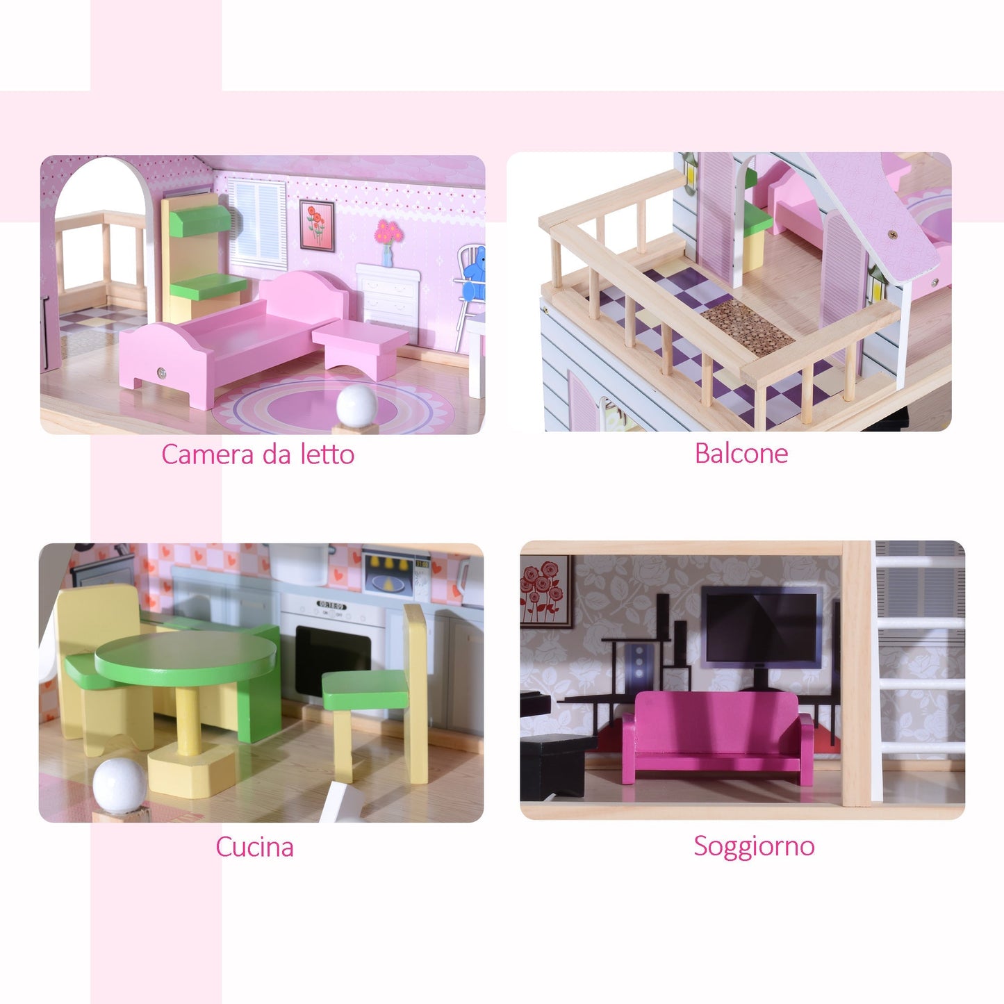 House of Children's Dolls 3+ Years in Pino wood and 4 -storey MDF with 13 accessories, pink, 60x30x80 cm - Borgè