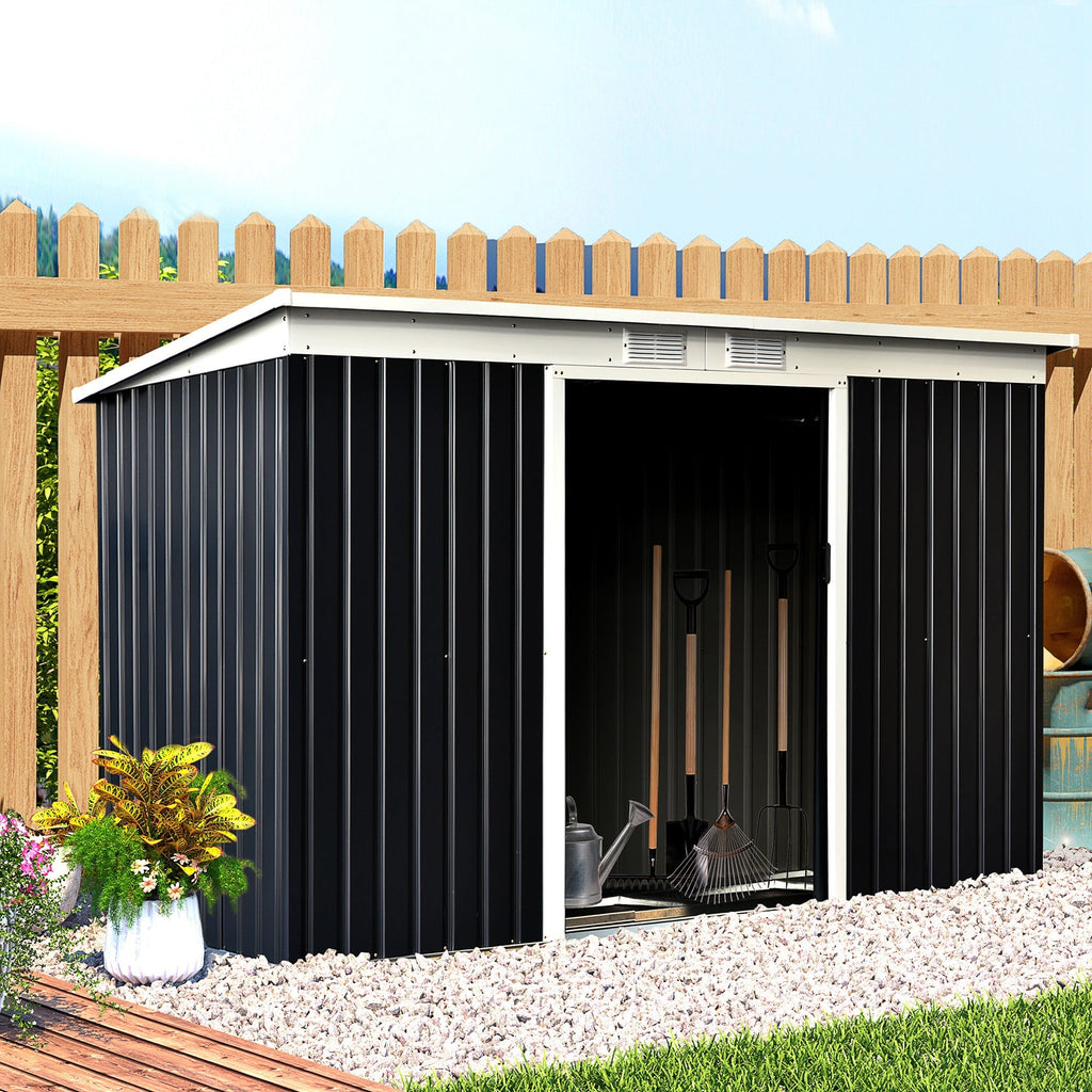 Garden Shed Tool Shed in Steel Sheet with Sliding Doors, 280x130x172cm, Grey-Black - Borge' Group Limited