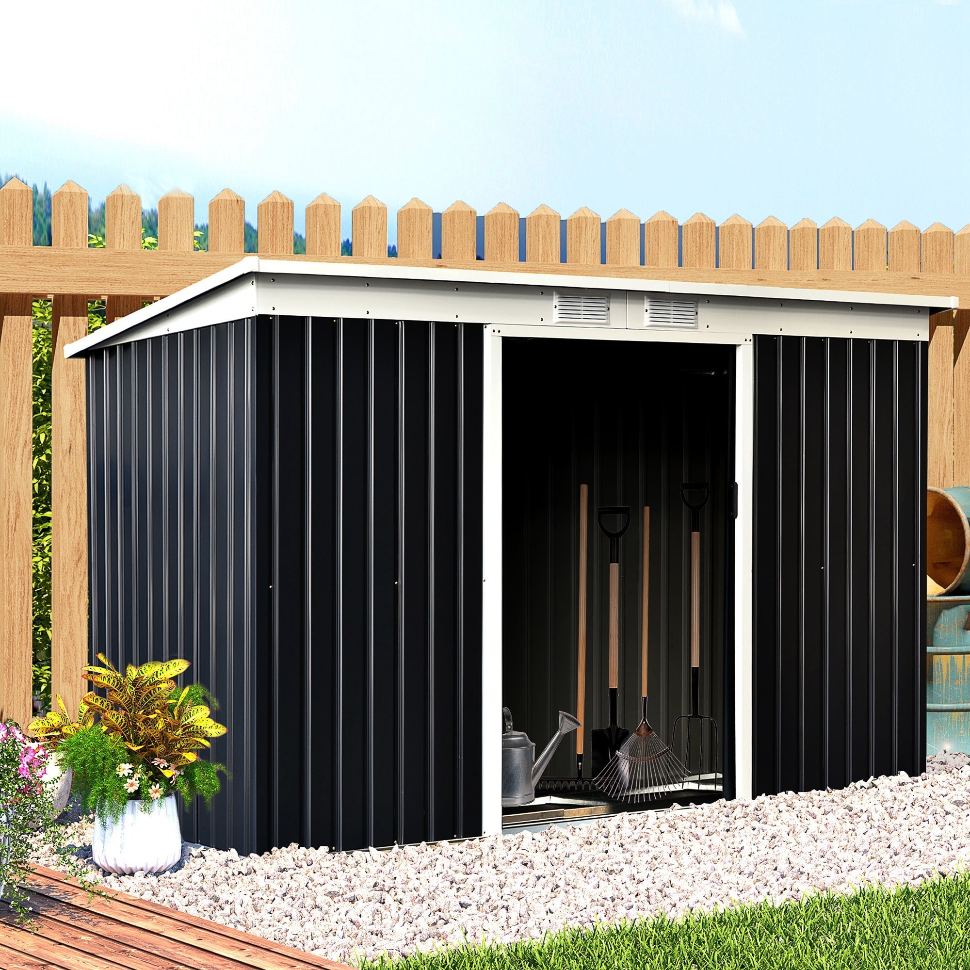 Garden Shed Tool Shed in Steel Sheet with Sliding Doors, 280x130x172cm, Grey-Black - Borge' Group Limited