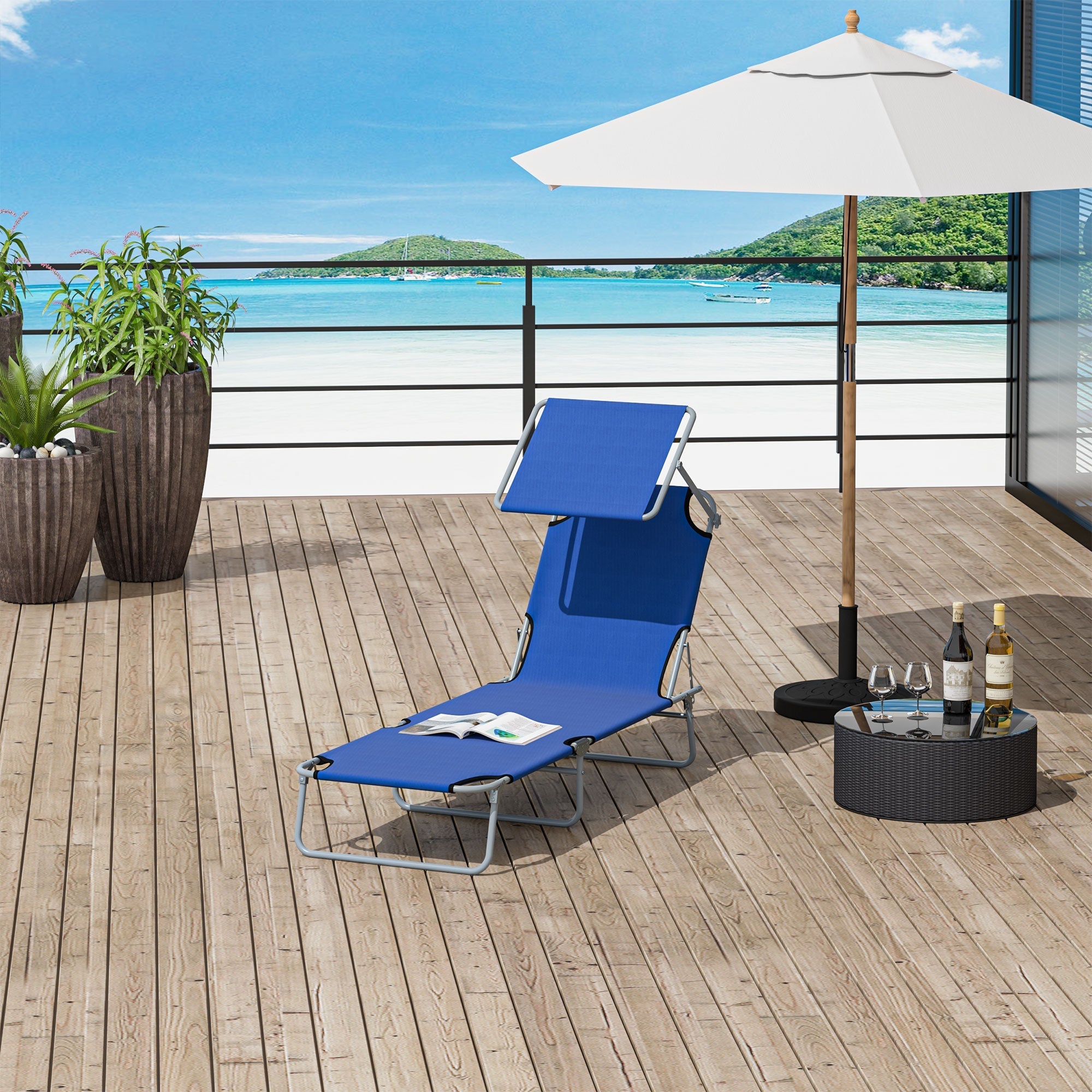 Garden Sun Lounger, Folding and Adjustable Deck Chair with Blue Fabric Canopy, 187x58x36cm - Borge' Group Limited