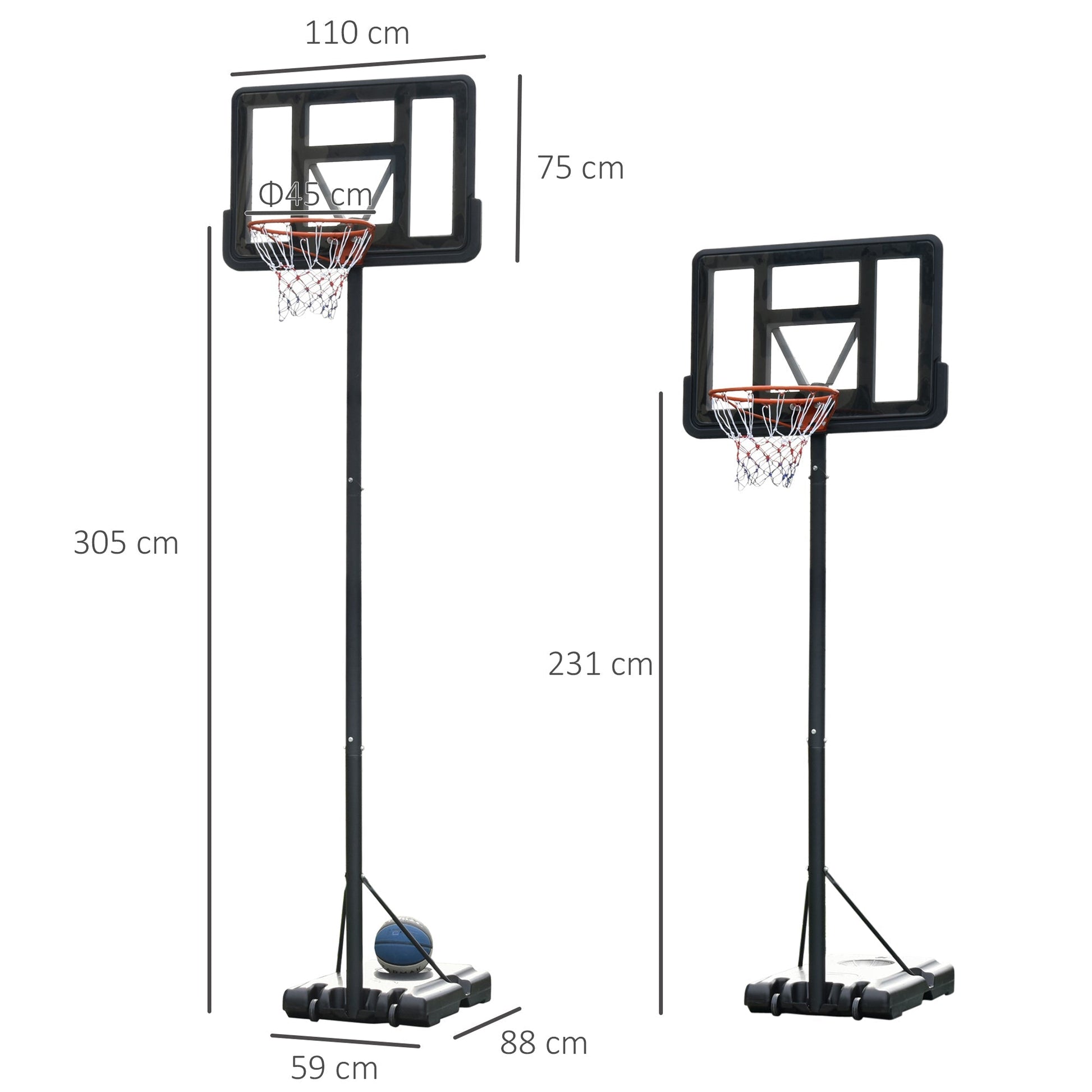 basketball basketball adjustable height 231-305cm, base with wheels and steel structure, transparent PVC scoreboard -nero - Borgè