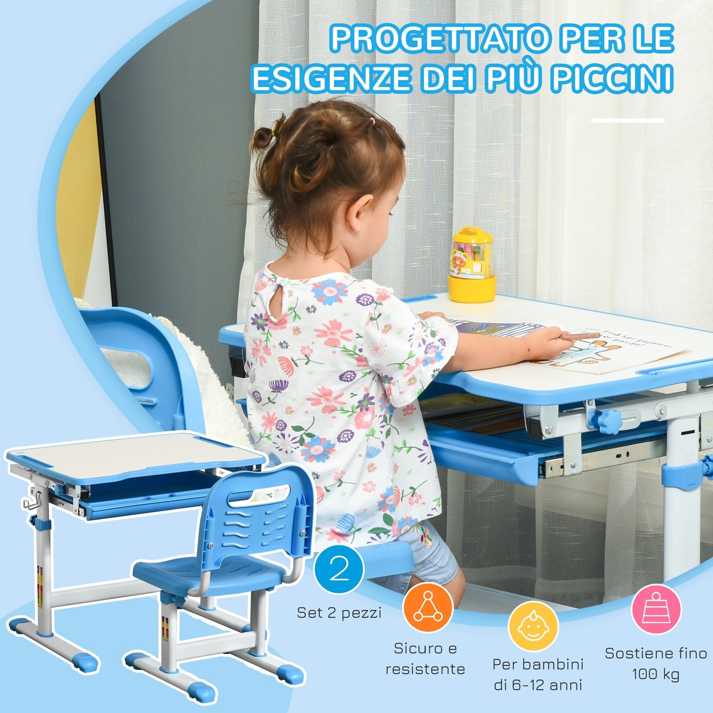 school desk with height adjustable chair for children 6-12 years, drawer and tilted plan at 45 Â°, steel and mdf, blue - Borgè