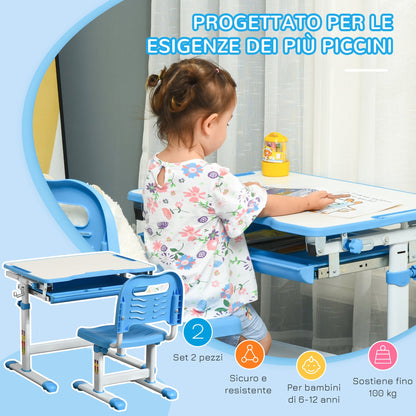 school desk with height adjustable chair for children 6-12 years, drawer and tilted plan at 45 Â°, steel and mdf, blue - Borgè