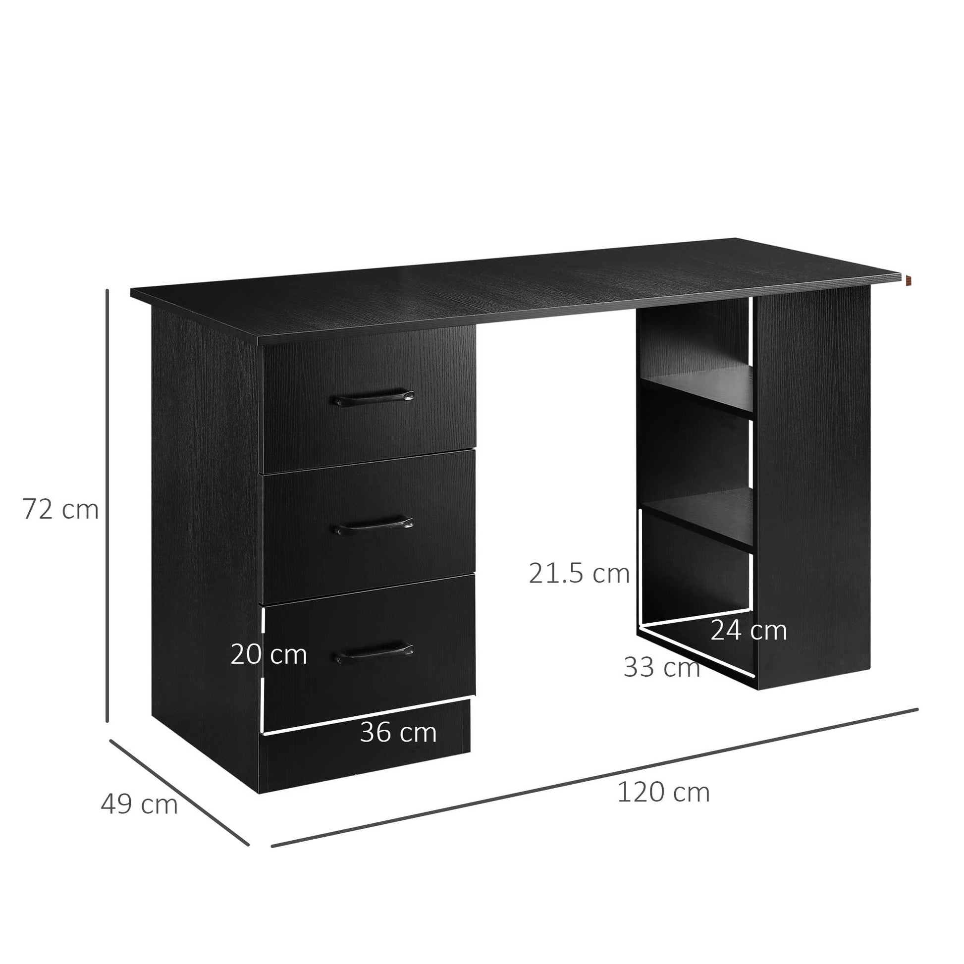 Homcom Modern Wooden desk with 3 drawers and 3 shelves for room and office, 120x49x72cm, black - Borgè