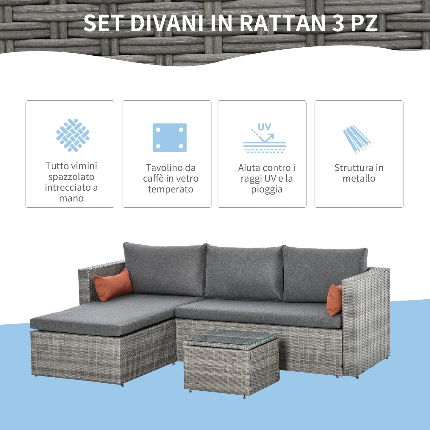 ALLIE | Grey Furniture Set 3 Pieces in PE Rattan with 2 Sofas and Coffee Table - Borgè