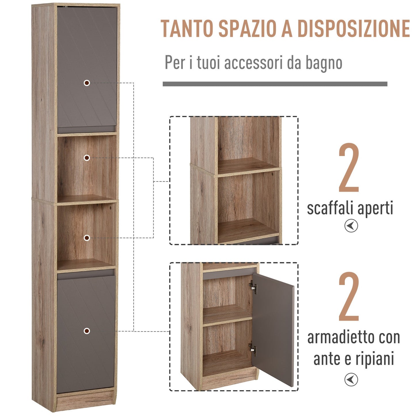 Cabinet Salvaspazio for wooden bathroom with 2 lockers and 6 Grey and oak shelves 30 x 24 x 170cm - Borgè