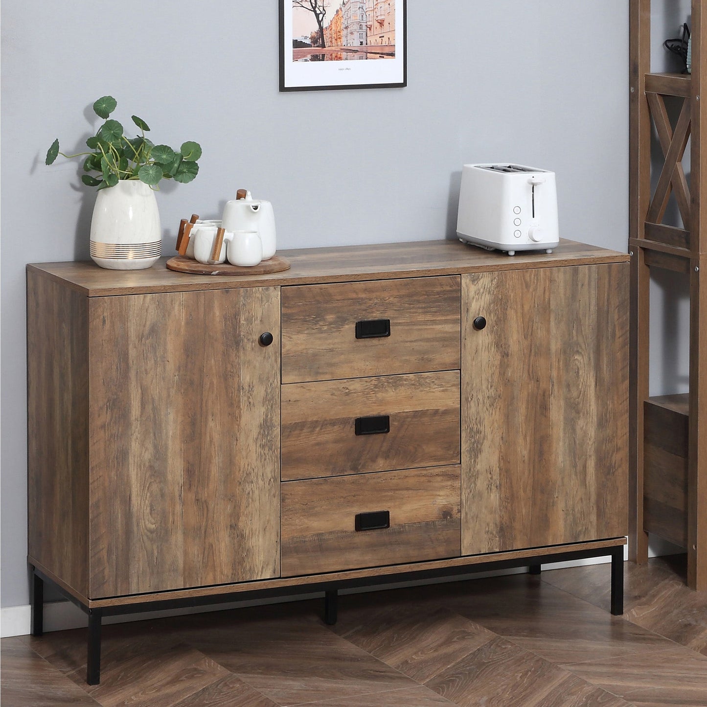 Modern Sideboard in Chipboard and Metal with 2 Cabinets with 2 Doors with Shelves and 3 Drawers, 120x39.5x77 cm