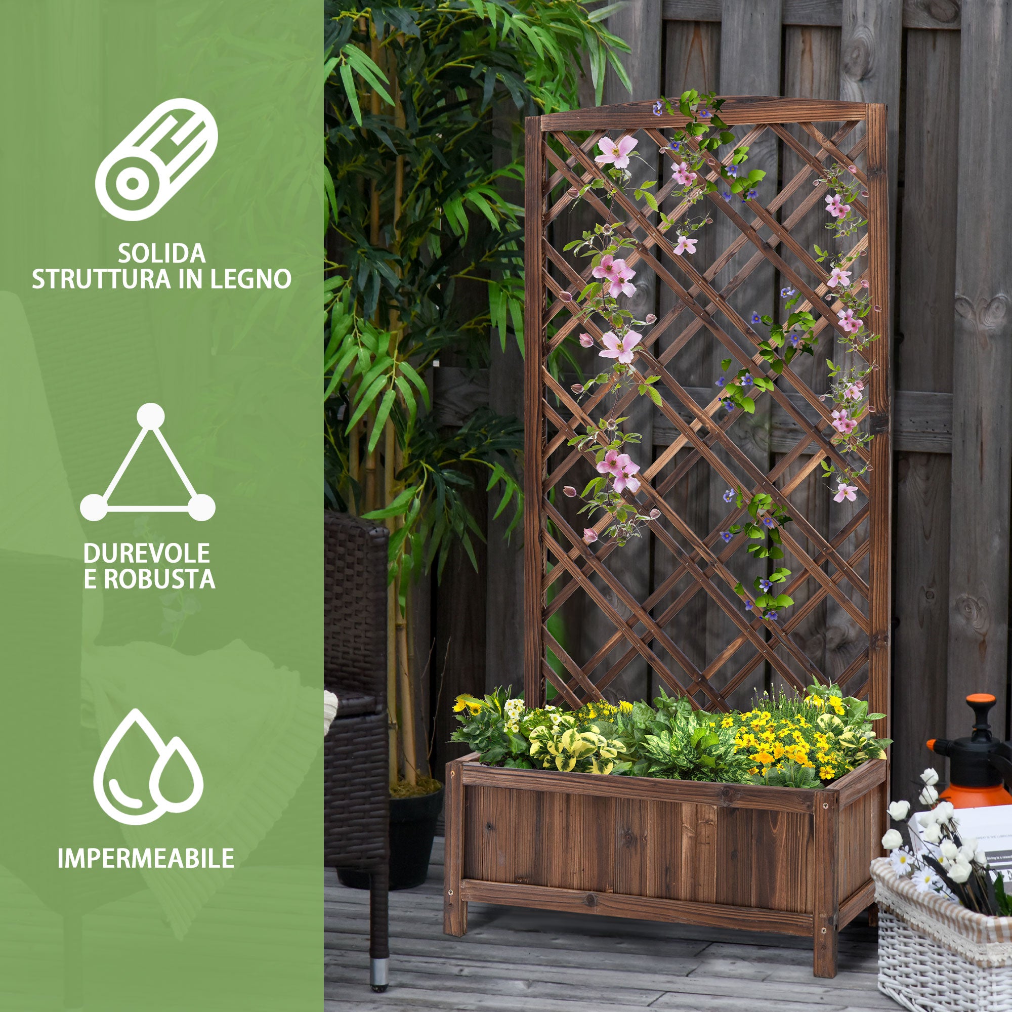 Outsunny Outdoor Fioriera with wooden grill for climbing plants, 60x30x122.5 cm, brown - Borgè