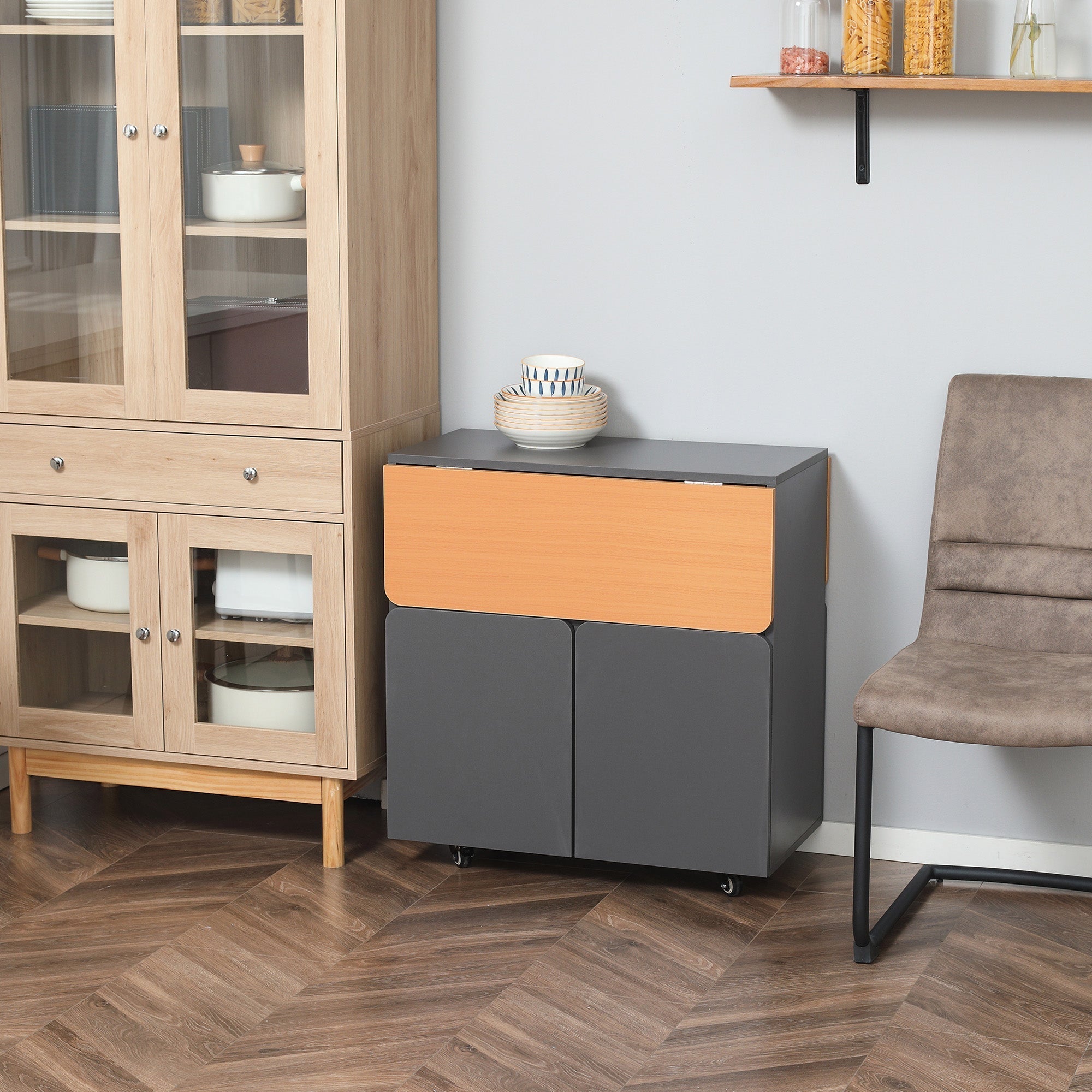 Homcom Folding table saving for 4 people max with 4 wheels, hidden shelf and locker with doors, 70x83x75 cm - Borgè