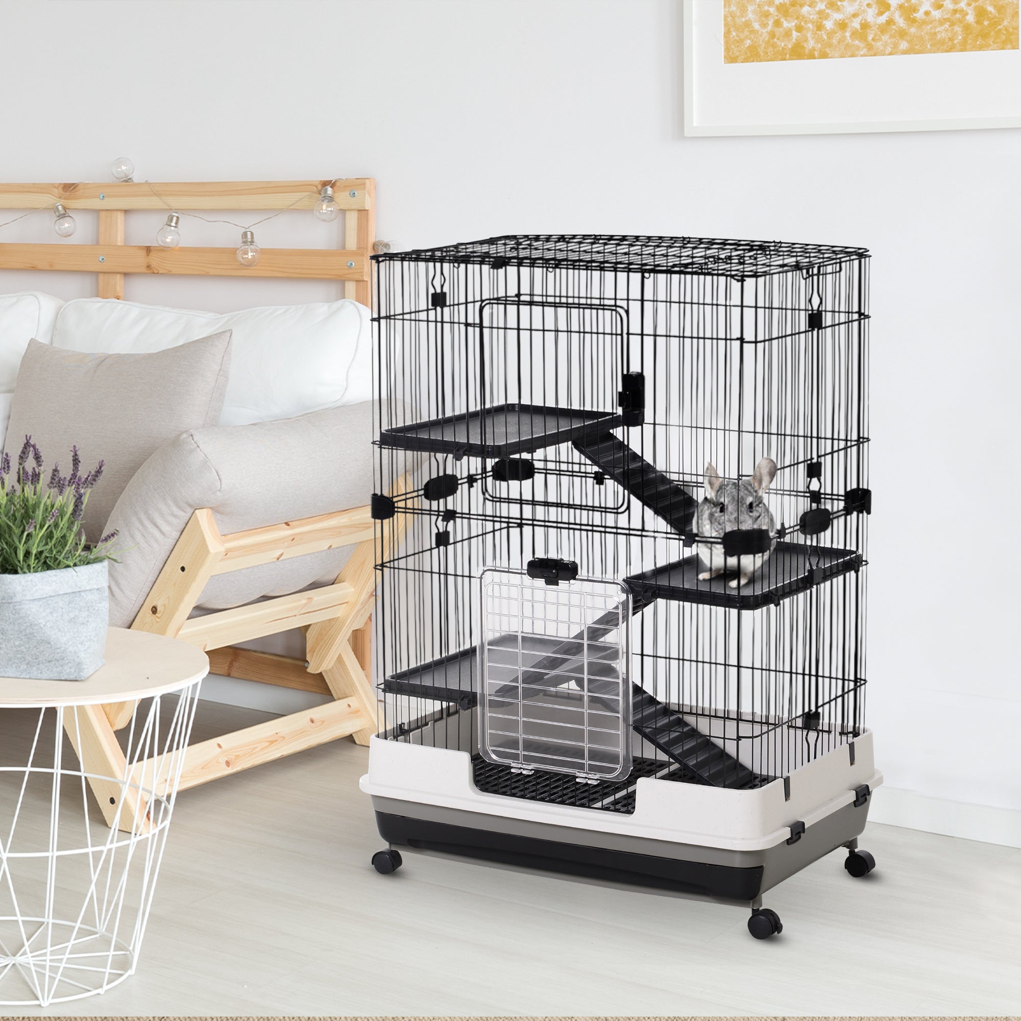 3-Tier Metal Cage with Tray for Rodents, Rabbits and Ferrets with 4 Wheels, 81.2 x 52.7 x 114 cm, Black - Borge' Group Limited