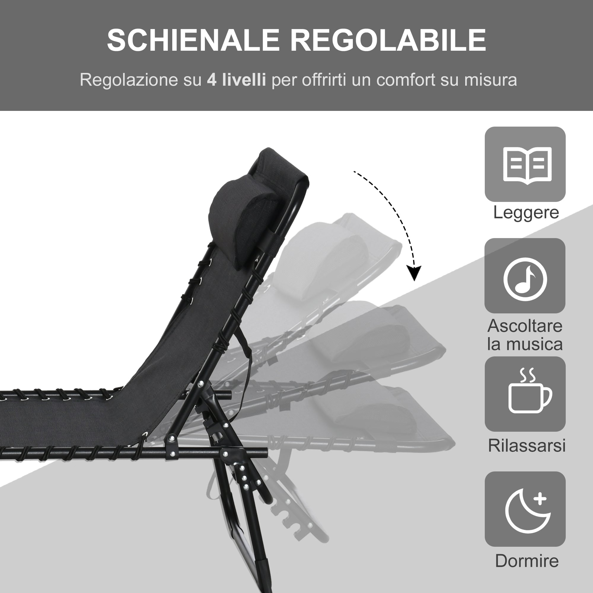 Steel and Breathable Fabric Sun Lounger with Reclining Backrest, 197x58x30 cm, Black - Borge' Group Limited