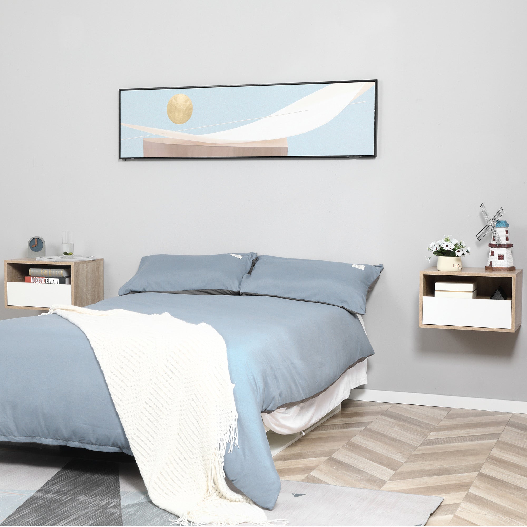 Set 2 Bedside tables suspended with drawer and shelf 45x35x27.5cm - White and wooden color - Borgè