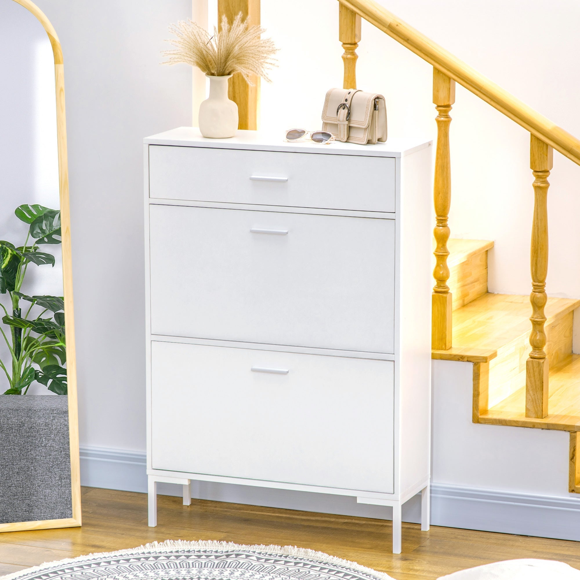 Modern Mobile Mobile for 12 pairs of shoes with 2 limelight and drawer doors, 76x26x110 cm, white - Borgè