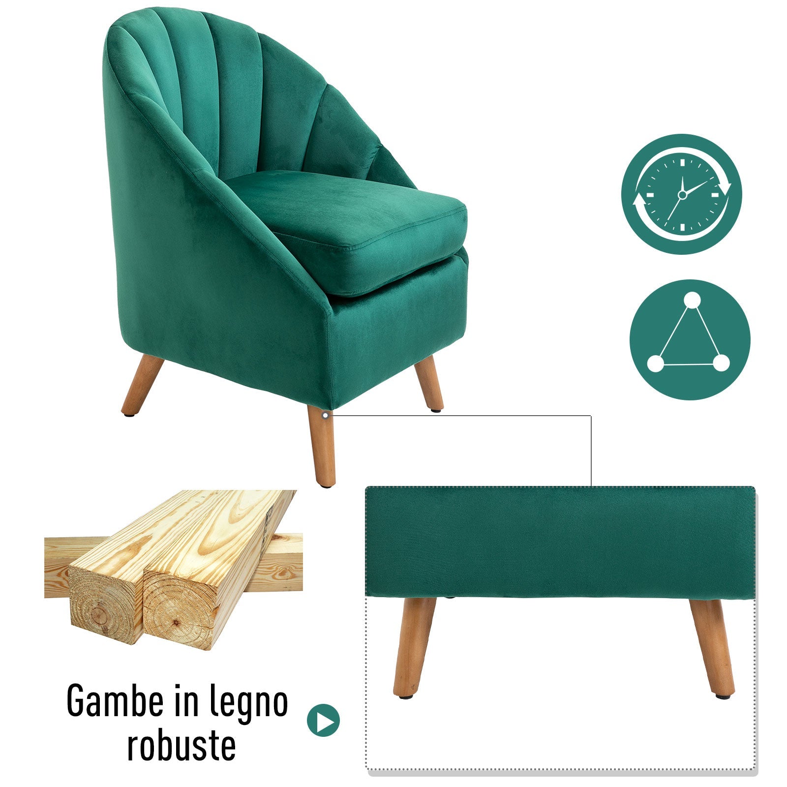 armchair with green velvet coating and wooden legs - Borgè