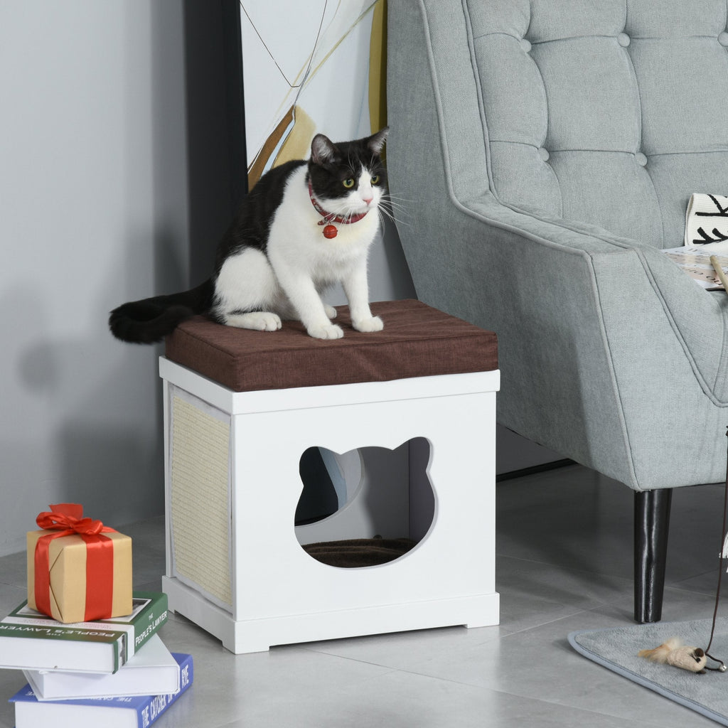 Wooden Cat House with 2 Pillows and Removable Scratching Post, White and Brown, 41x30x36cm - Borge' Group Limited