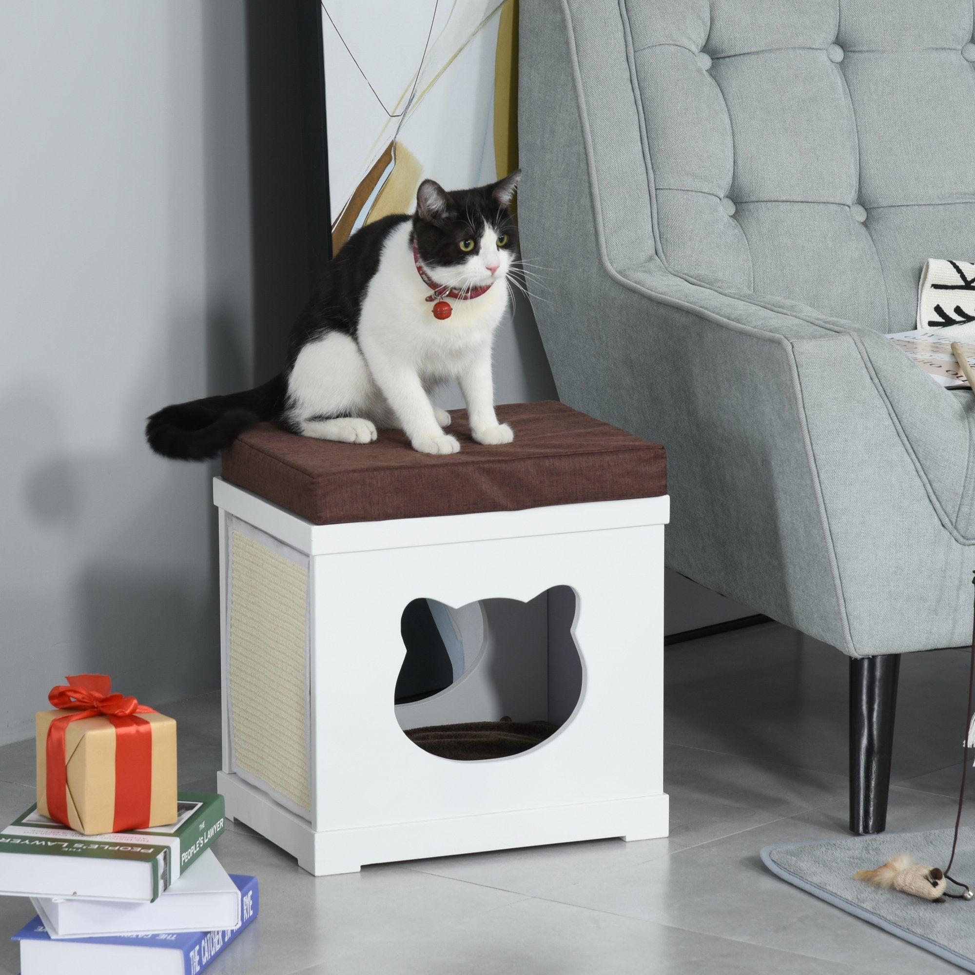 Wooden Cat House with 2 Pillows and Removable Scratching Post, White and Brown, 41x30x36cm - Borge' Group Limited