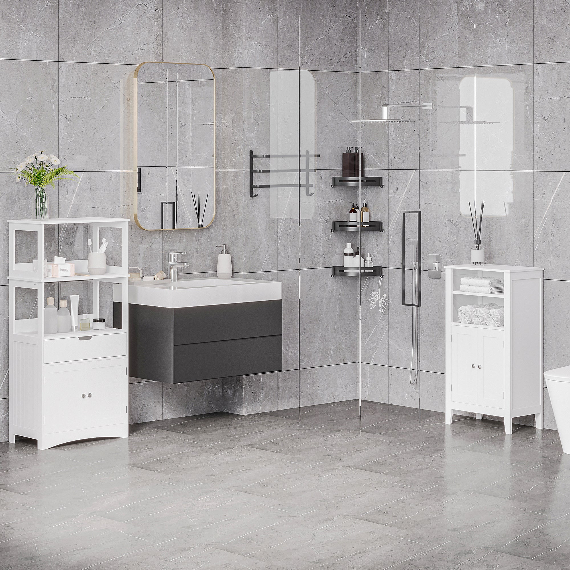 Kleankin Bathroom cabinet with shelves, locker and drawer in wood, white, 60x33x122.5cm - Borgè