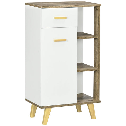 Kleankin Modern bathroom cabinet with locker, drawer and wooden shelves, 50x30x89cm, white - Borgè