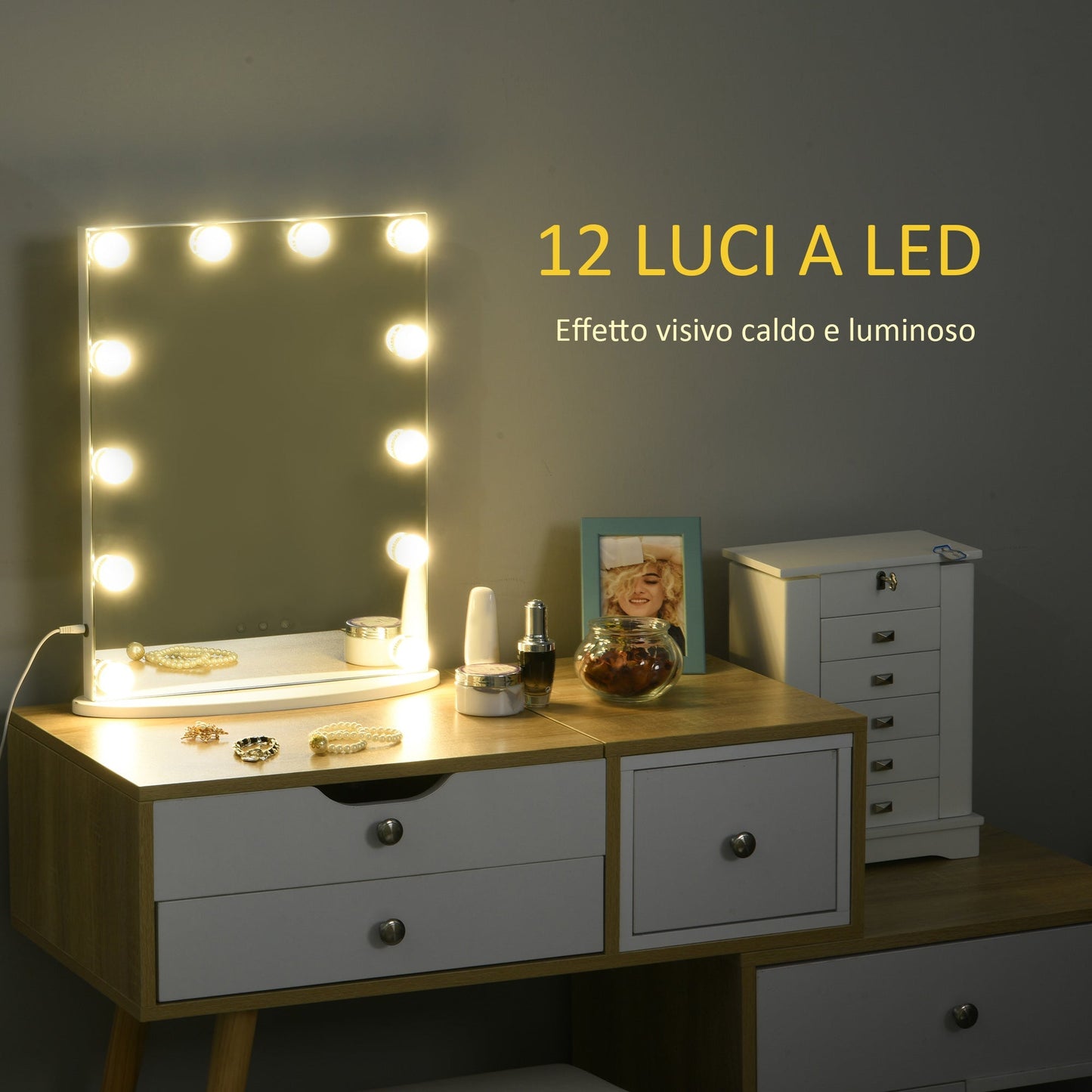 Homcom table mirror for makeup and make -up with 12 dimmable led lights and touch switch - Borgè