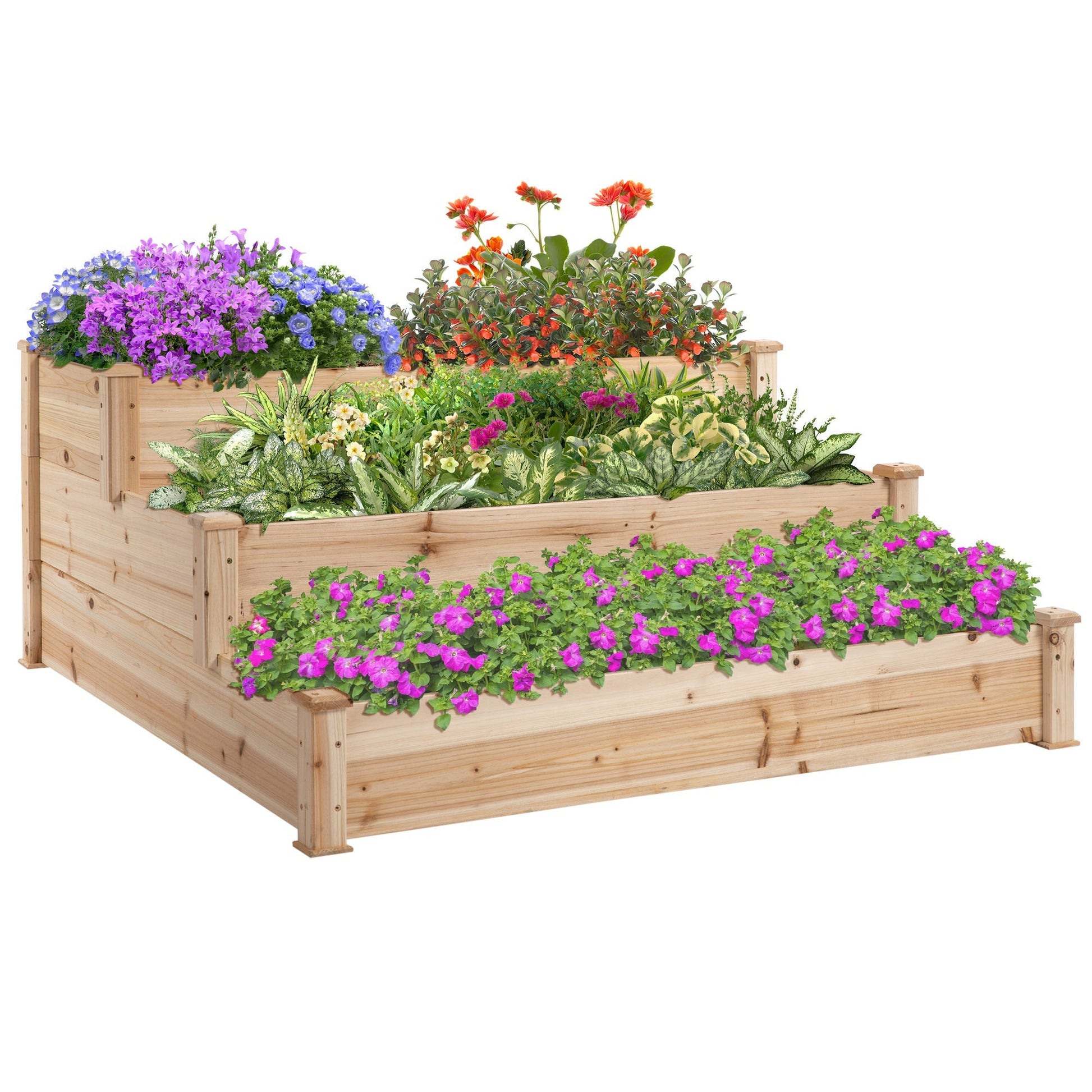 Outsunny bed for raised vegetable garden at 3 levels in natural wood, flower florker outdoor for plants, 124x 124x56cm - Borgè