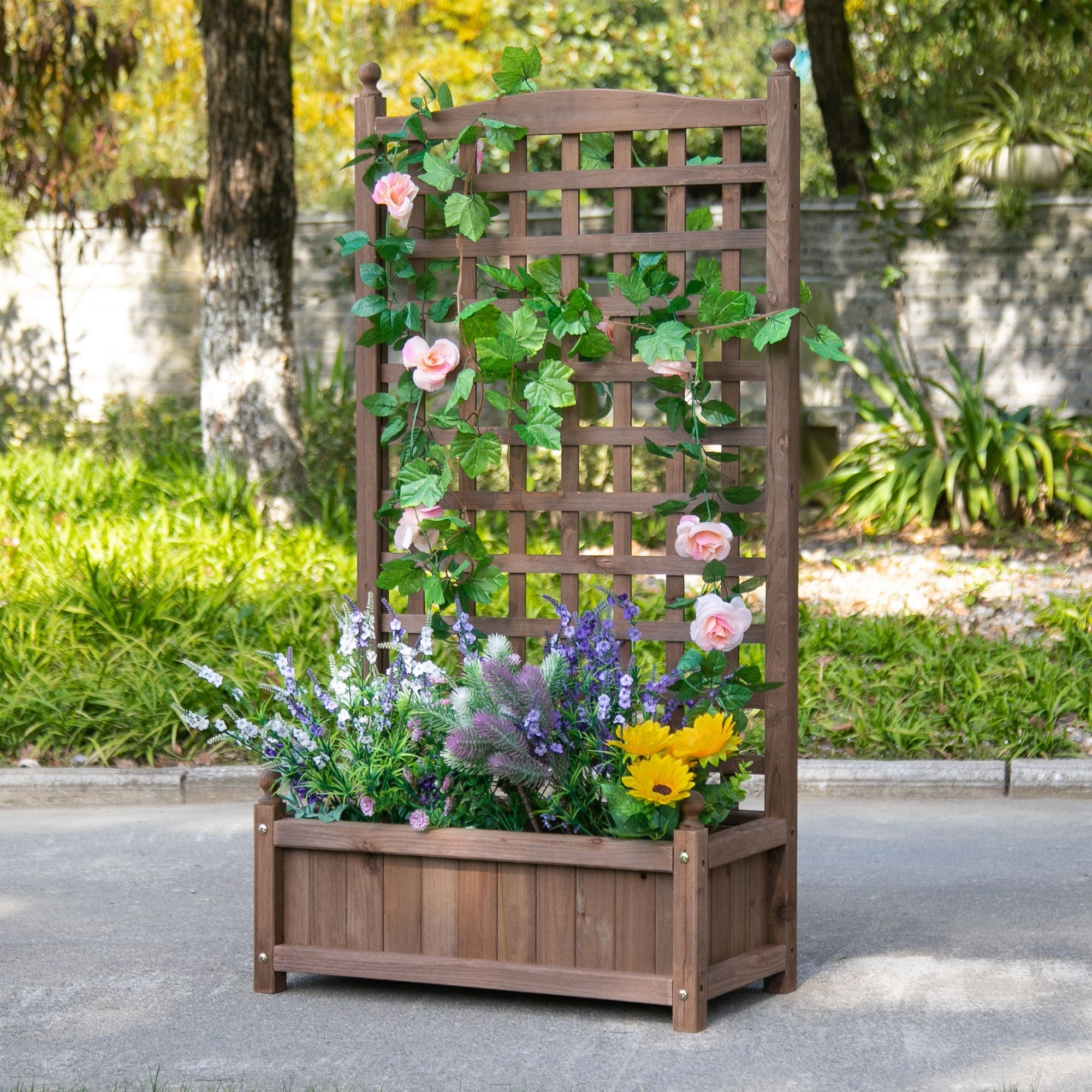 Outsunny Outdoor Wooden Fioriera with grilled for climbing plants, 64x28x120cm, brown - Borgè
