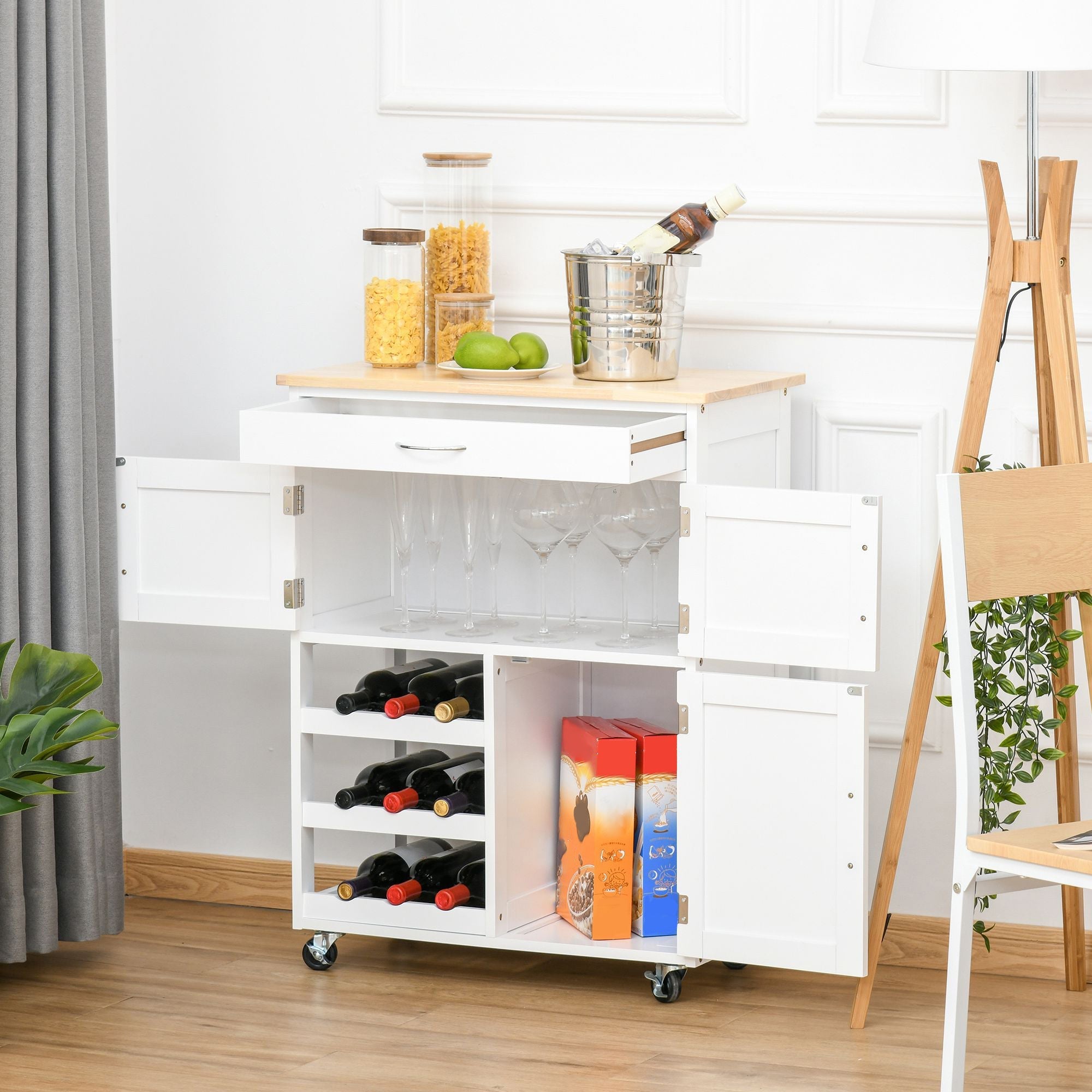 Cart Wine Kitchen Cart Wood Kitchen With Bottle holder 1 drawer and 3 Antine, 67x37x87cm - Borgè