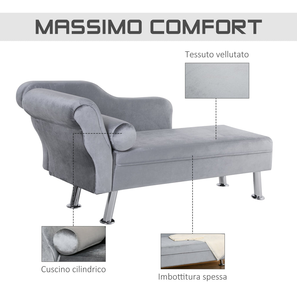 Chaise Longue padded with pillow included in metal and Grey velvet 160x56x75 cm - Borgè
