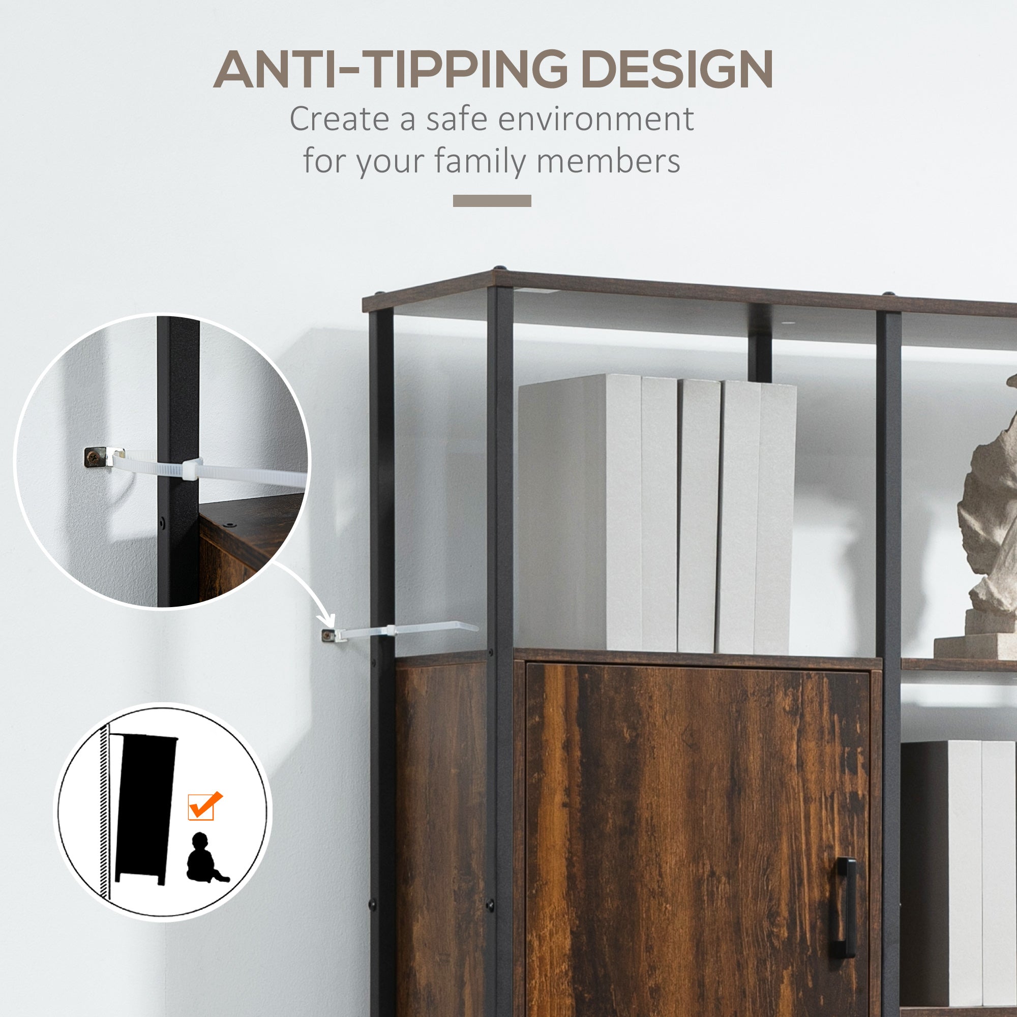 Homond industrial style bookcase with 4 shelves and 2 lockers, 90x30x159.5cm, black and brown - Borgè