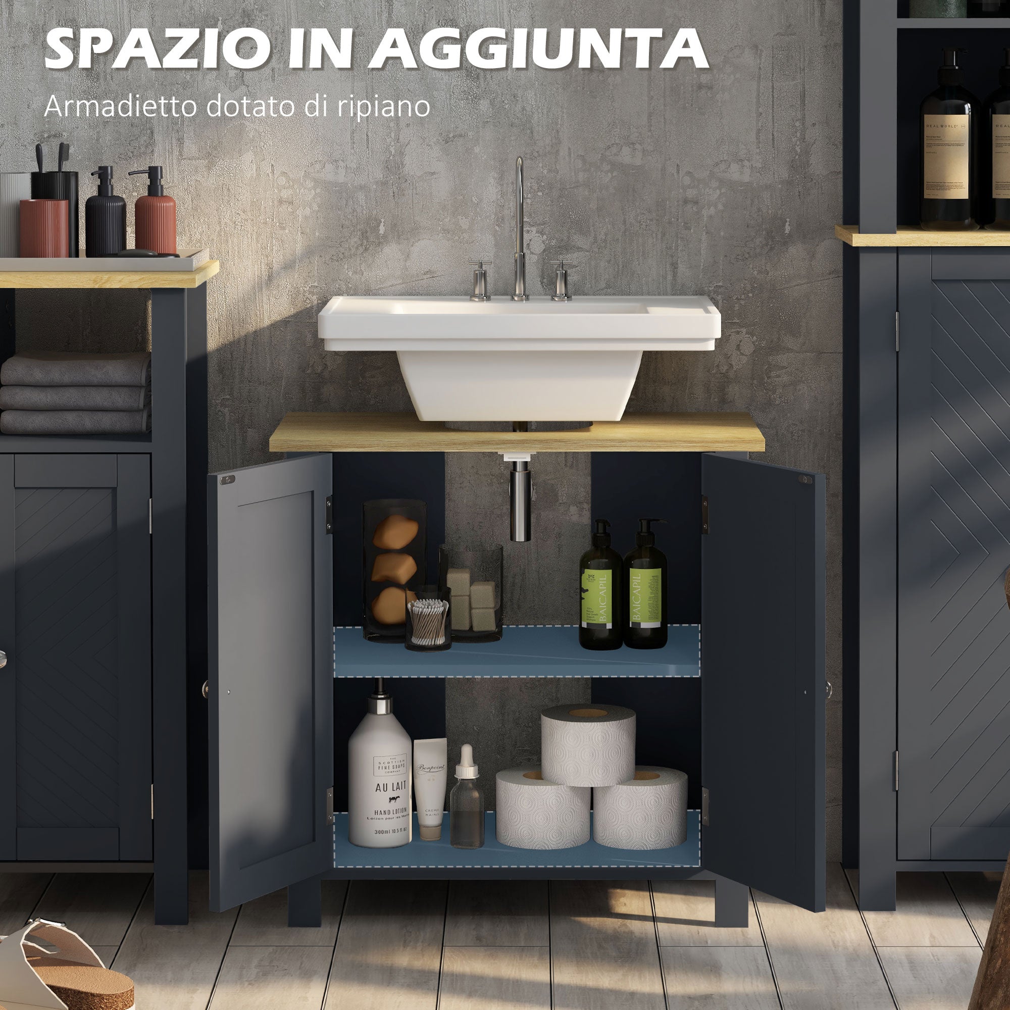 Bathroom Grey Sink Vanity with 2 doors in MDF and adjustable internal shelf | 60x30x60 cm - Borgè
