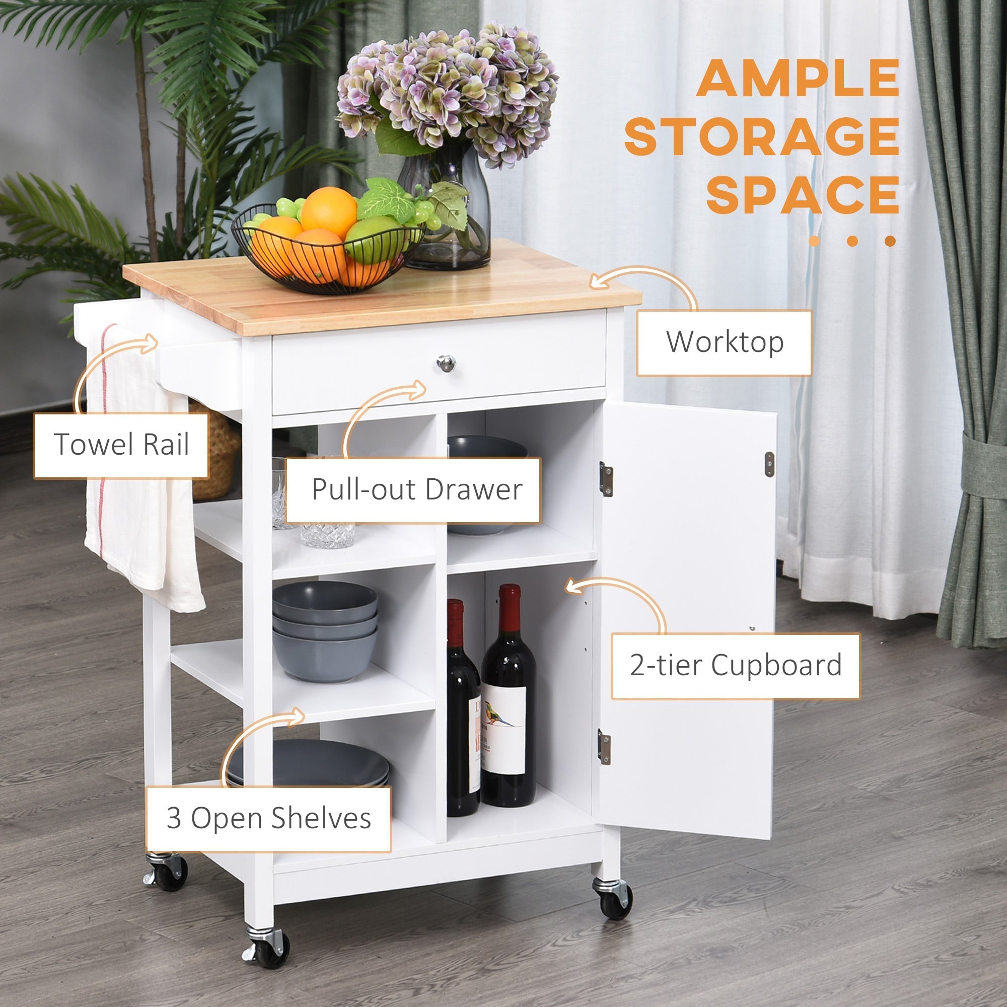 kitchen trolley with antina drawer and 3 open shelves in white wood 66 x 39.5 x 86.5 cm - Borgè