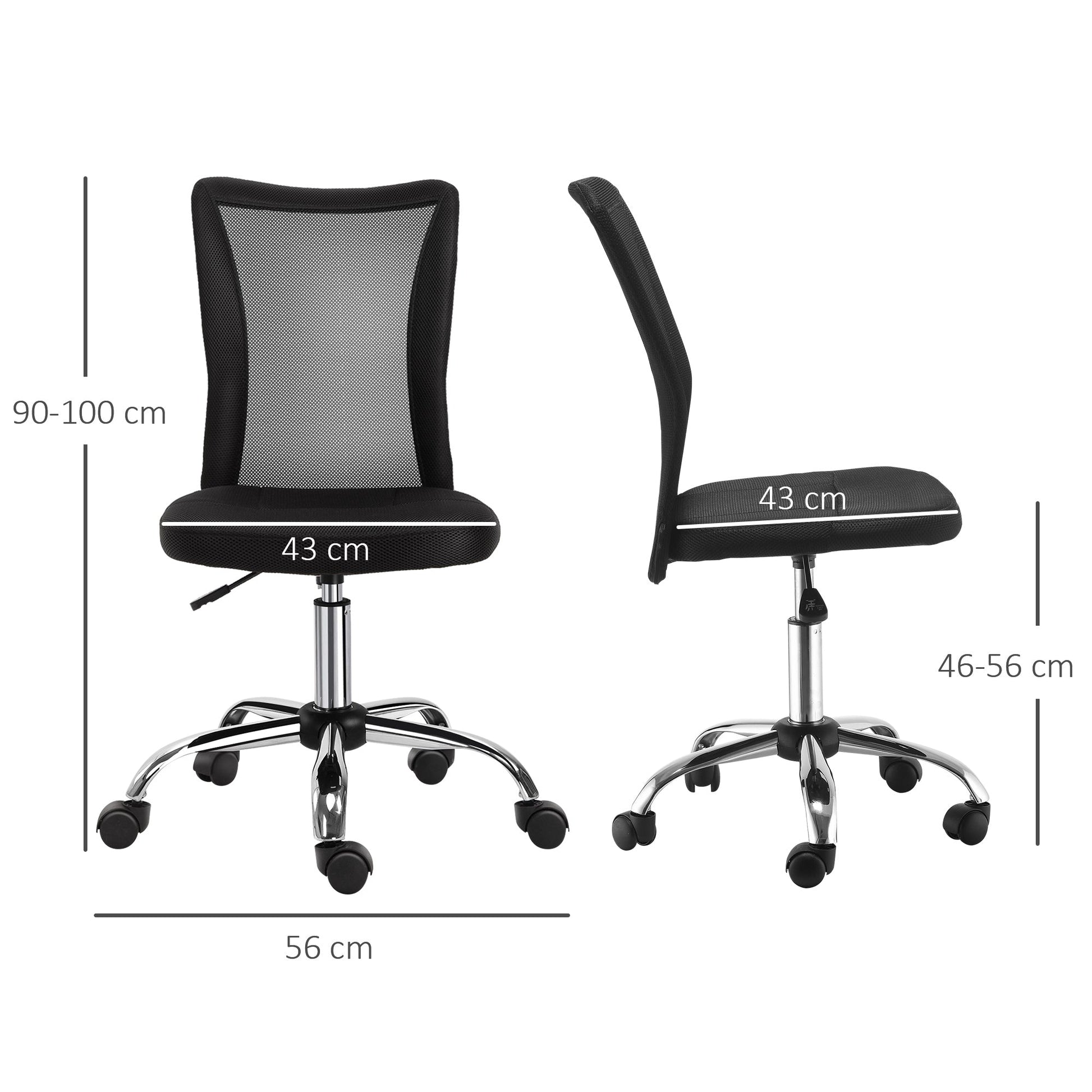 Ergonomic office chair without armrests, breathable mesh fabric, adjustable height and 5 wheels, 43x58x90-100cm, black - Borgè