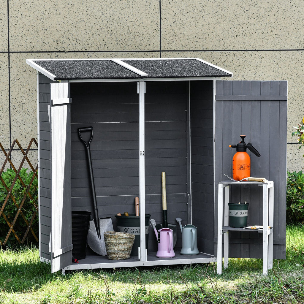Wooden Garden Shed with 2 Doors, Outdoor Garden Tool Cabinet with a Stool, 139x75x147/160cm - Borge' Group Limited